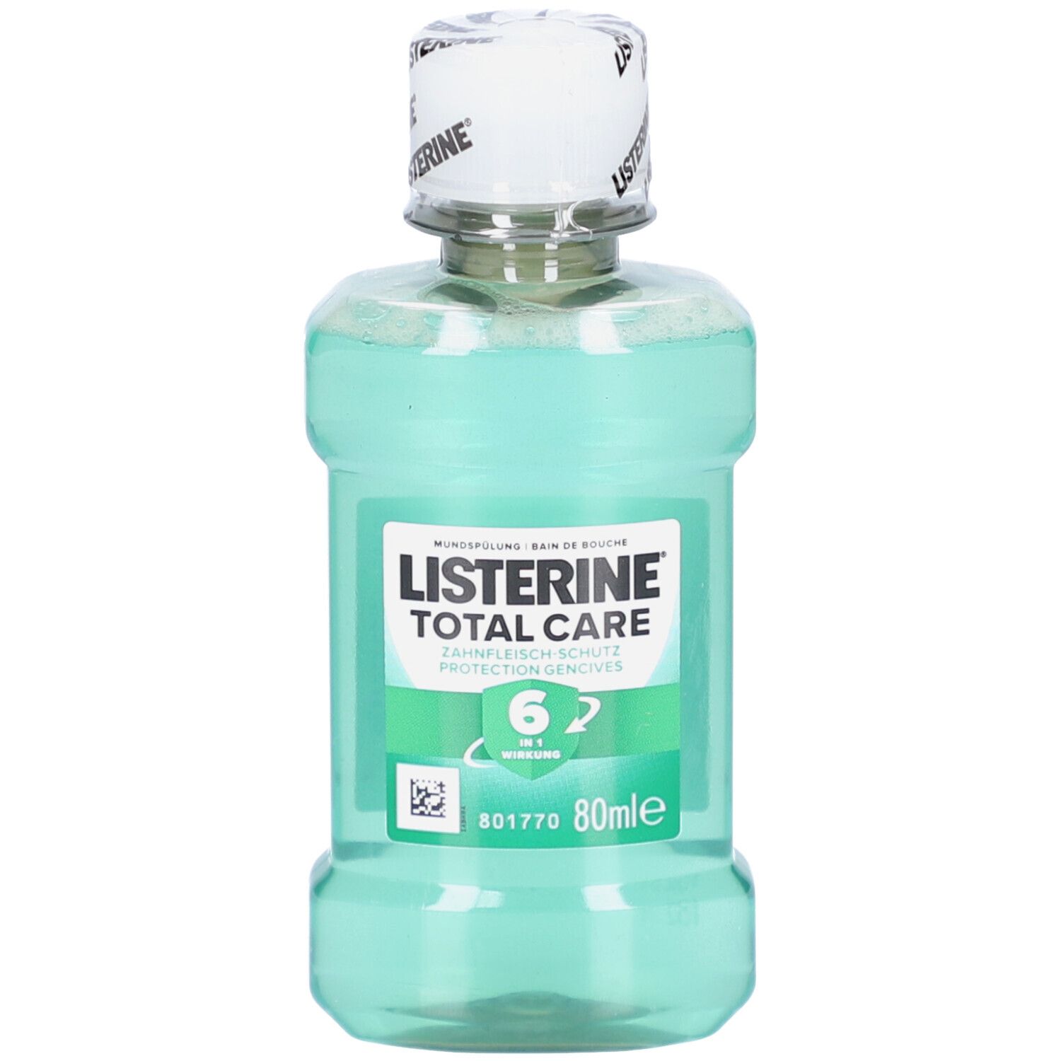 Grüne LISTERINE Total Care Flasche. Aufschrift: Zahnfleisch-Schutz, 6 in 1 Wirkung. 80ml. Weißer Verschluss.