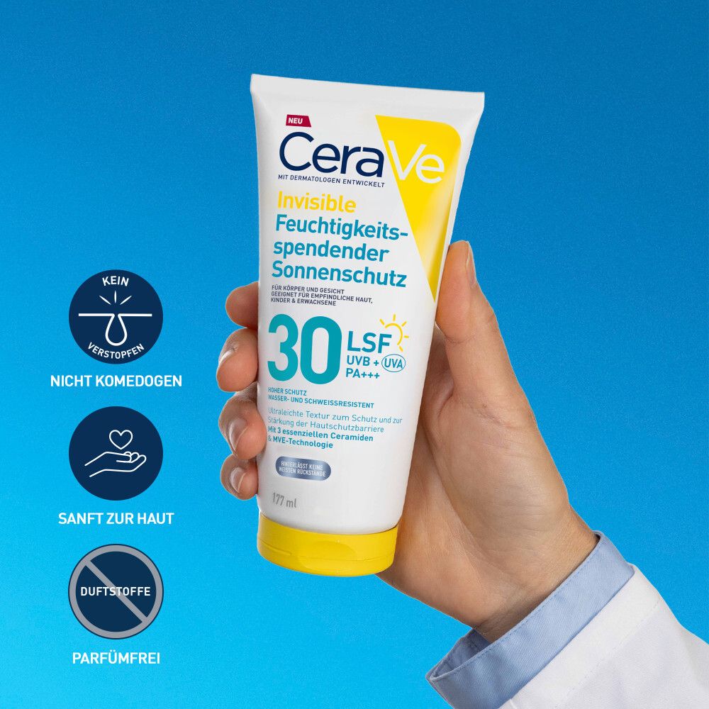 CeraVe Invisible Feuchtigkeitsp. Sonnenschutz LSF 30-Tube. In Hand gehalten. Nicht komedogen, sanft zur Haut, parfümfrei. Enthält LSF 30, UVB+UVA.