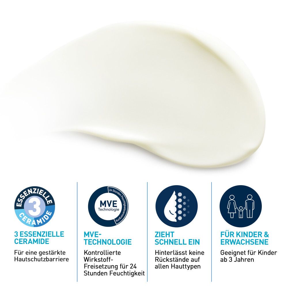 Produkt-Textur. Weiße Creme. Enthält 3 essenzielle Ceramide, MVE-Technologie, zieht schnell ein, geeignet für Kinder und Erwachsene ab 3 Jahren.