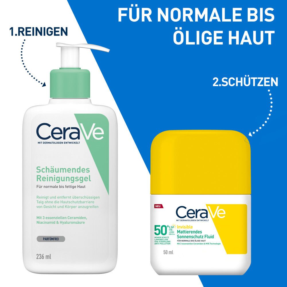 Produktabbildung: CeraVe Reinigungsgel und Invisible Mattierendes Sonnenschutz Fluid LSF 50+. Für normale bis ölige Haut.