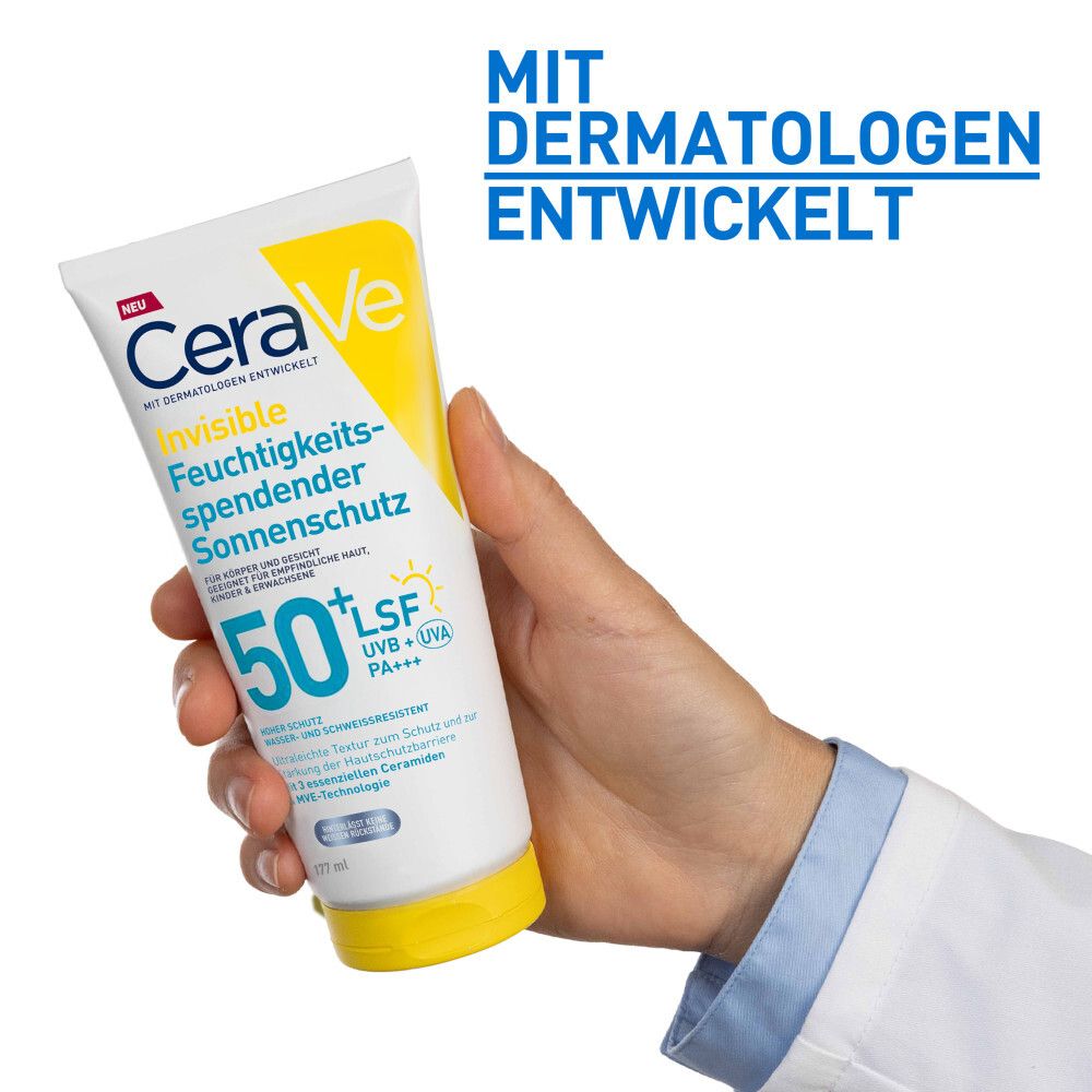 Zwei CeraVe Invisible Sonnenschutz LSF 50+ Tuben. Weiß, gelb. Auf gelbem Hintergrund.