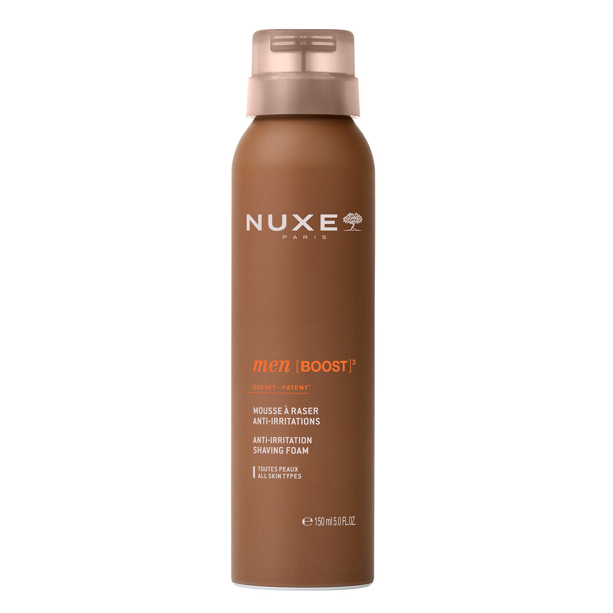 Braune Sprühflasche mit braunem Deckel. Aufschrift: NUXE PARIS, men [BOOST]³, Mousse à raser, Anti-Irritations, 150 ml.