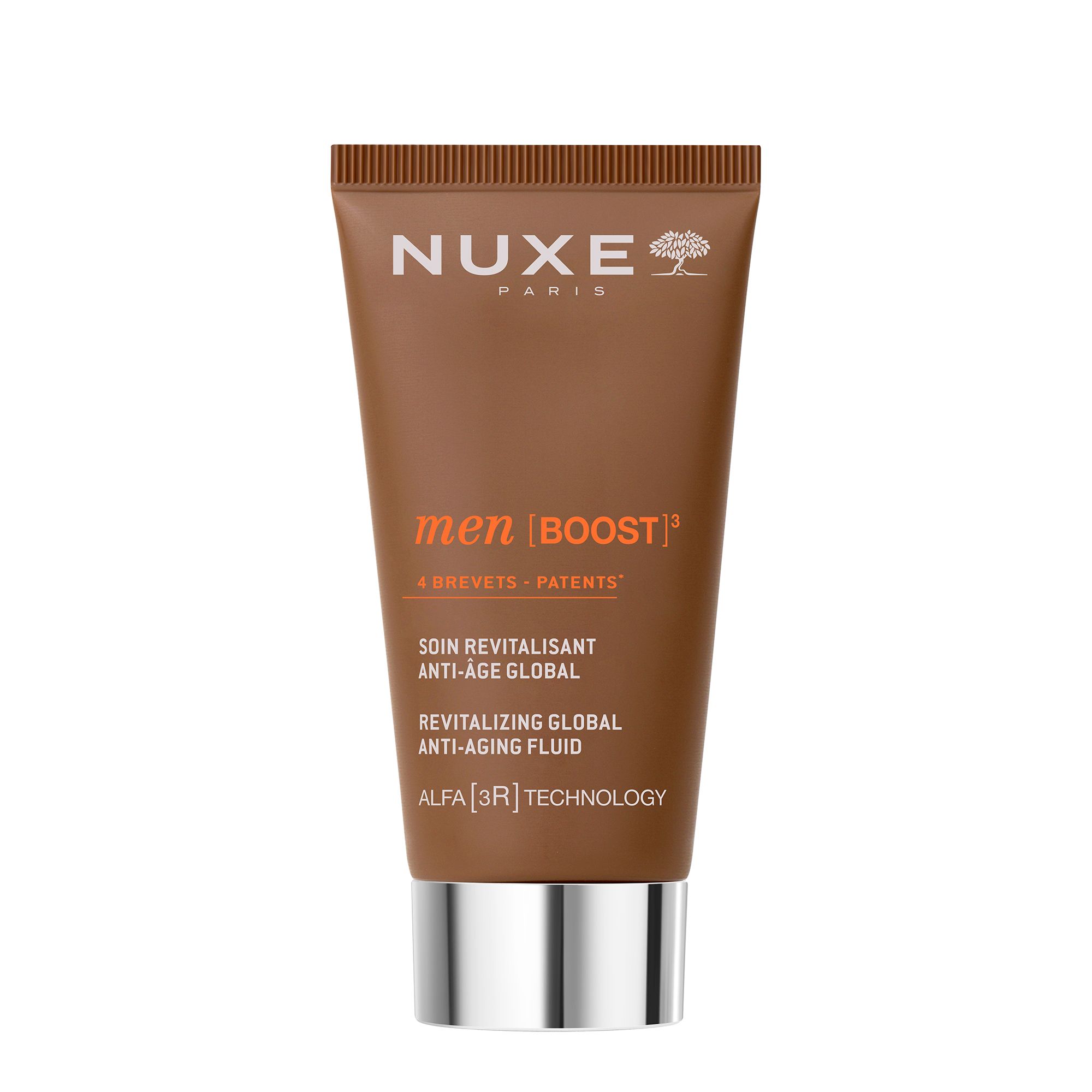 Braune Tube mit silbernem Verschluss. Aufschrift: NUXE PARIS, men [BOOST]³, Anti-Aging-Fluid.