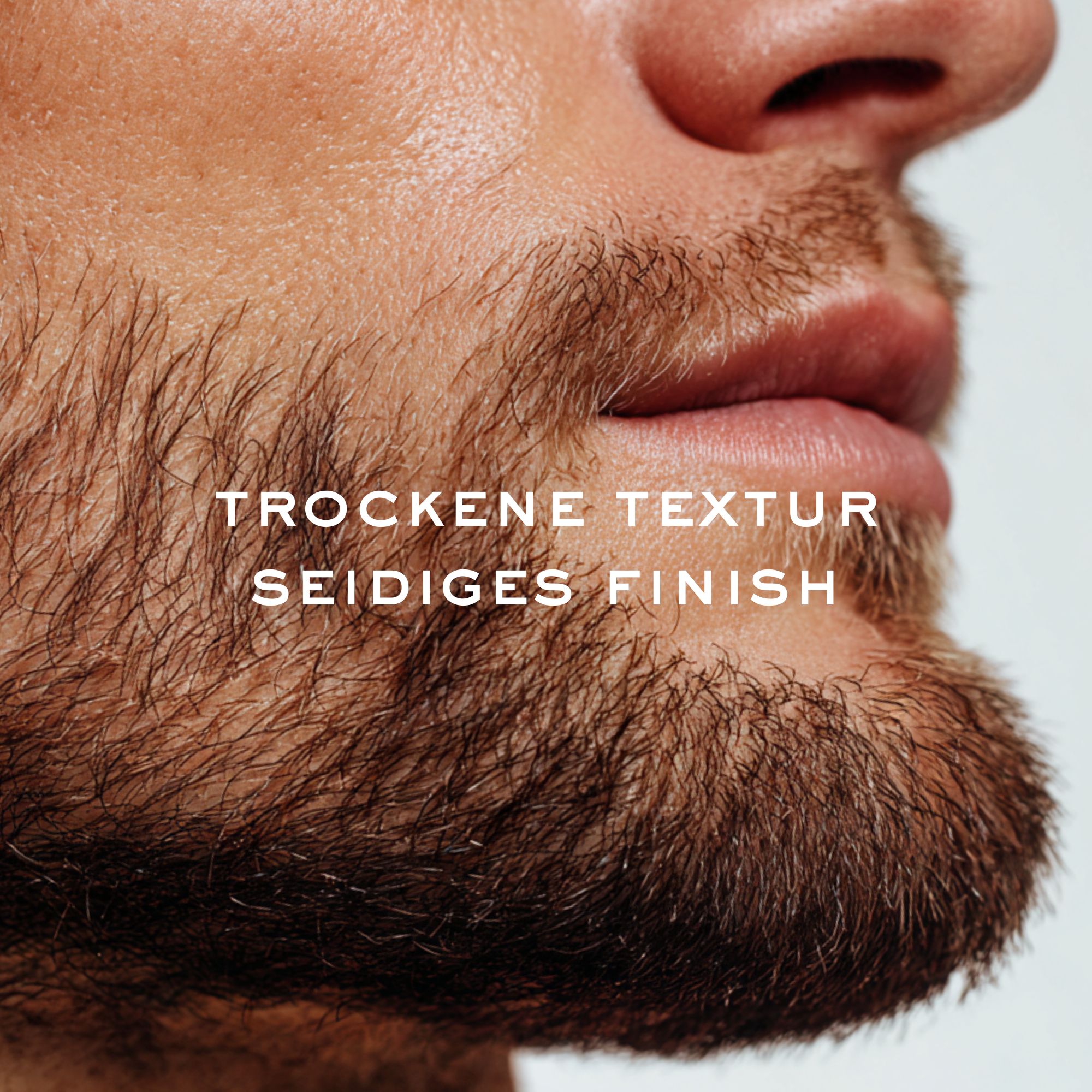 Nahaufnahme eines Bartes. Text: Trockene Textur, seidiges Finish.