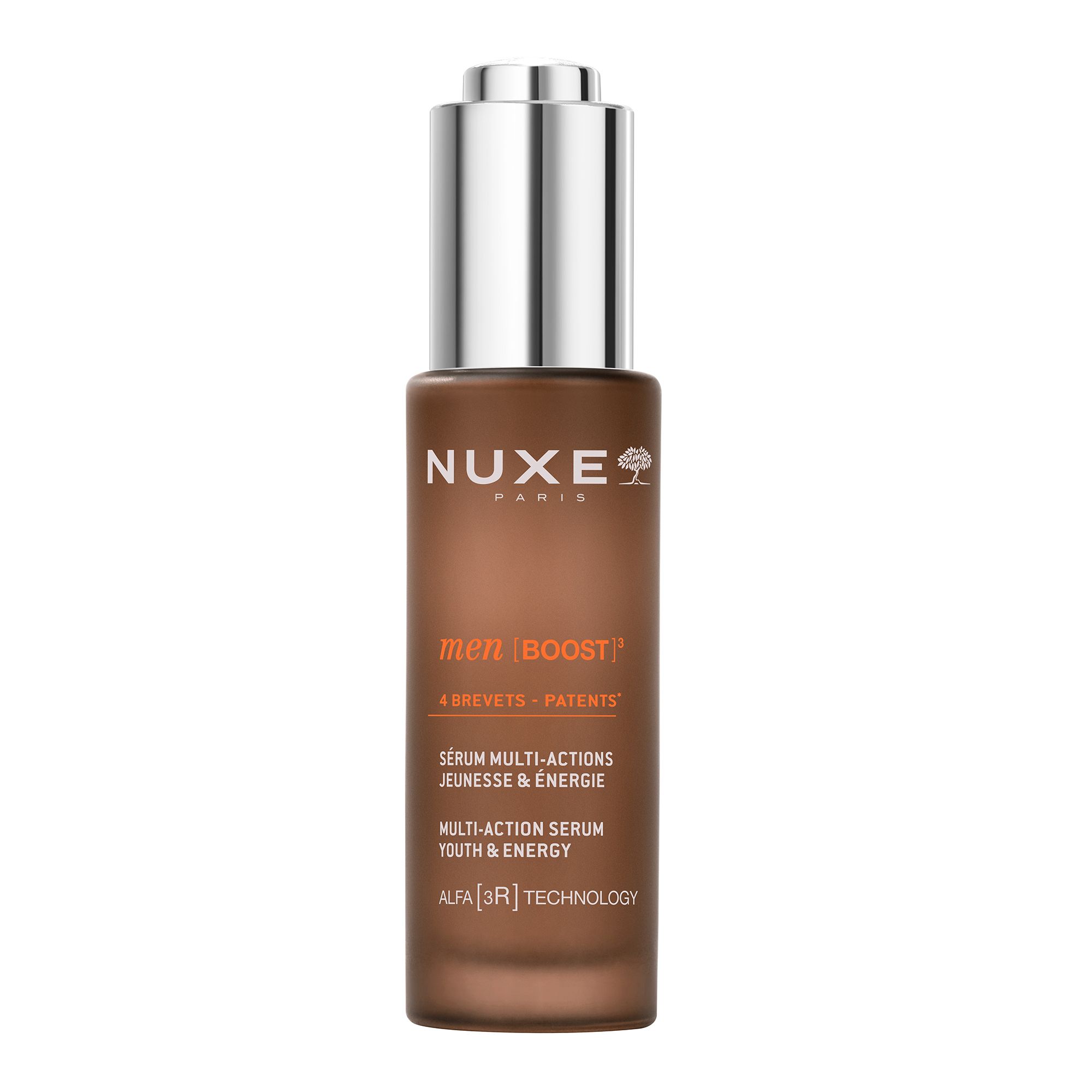 Braune Flasche mit silbernem Deckel. Aufschrift: NUXE PARIS men [BOOST]³ Multifunktions-Serum.