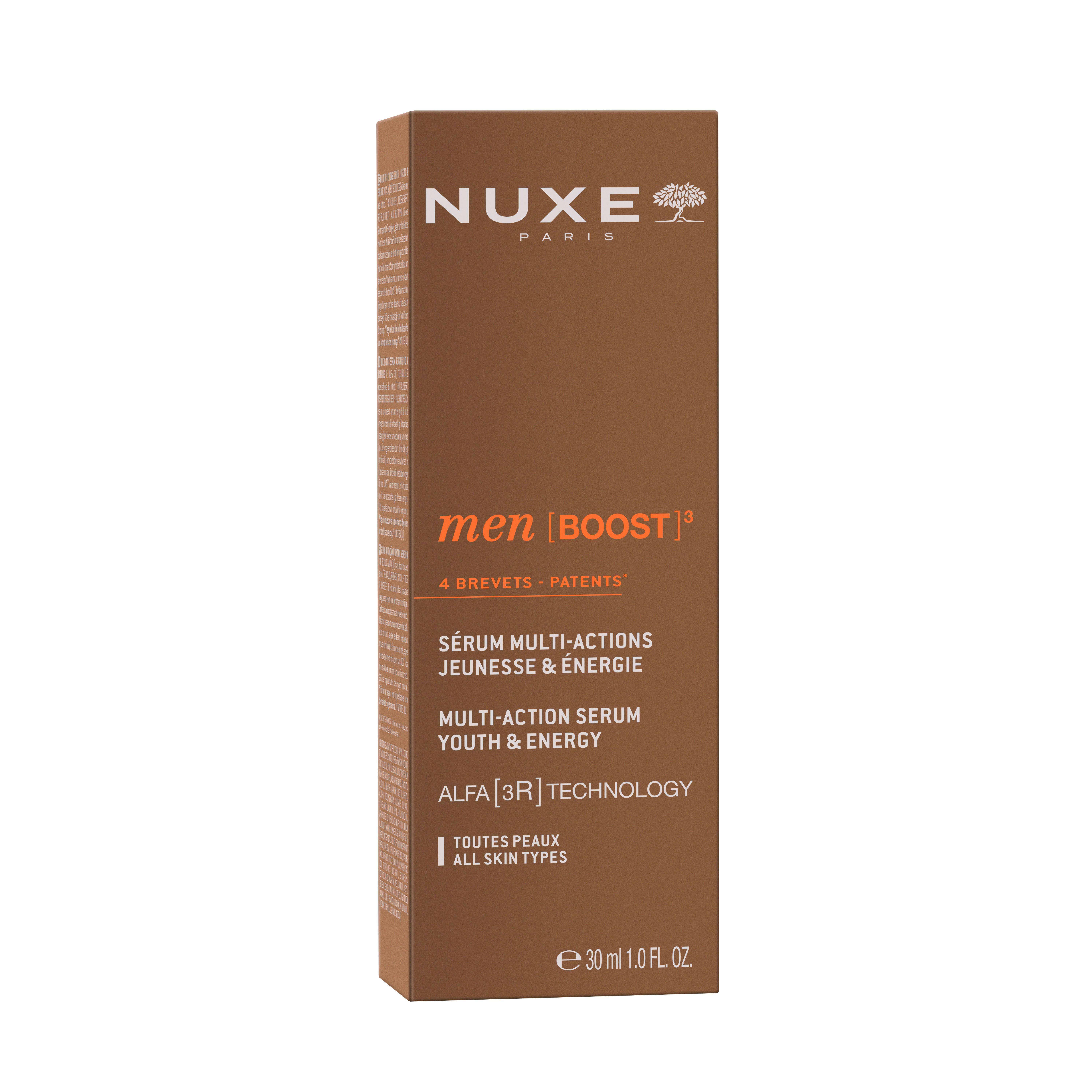 Braune Verpackung mit Produktinformationen. Aufschrift: NUXE PARIS men [BOOST]³ Multifunktions-Serum.