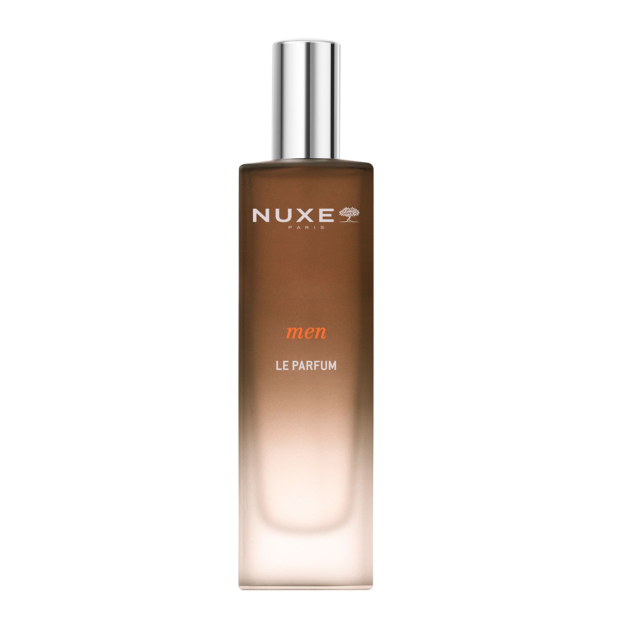 Flakon mit silbernem Verschluss. Aufschrift: NUXE Paris, men, LE PARFUM. Farbverlauf von braun nach transparent.