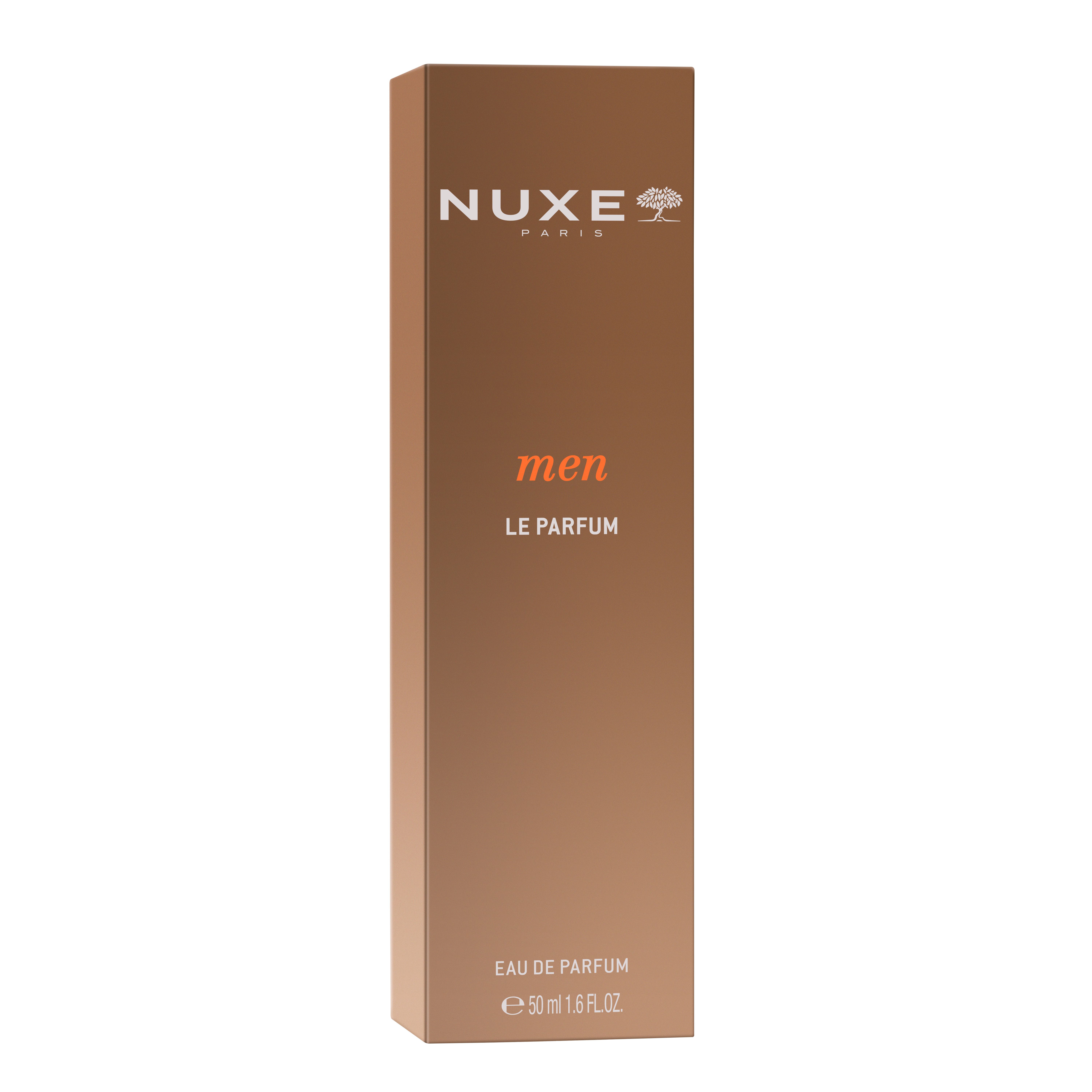 Braune Verpackung mit Aufschrift: NUXE Paris, men, LE PARFUM. Unten: Eau de Parfum, 50 ml 1.6 fl.oz.