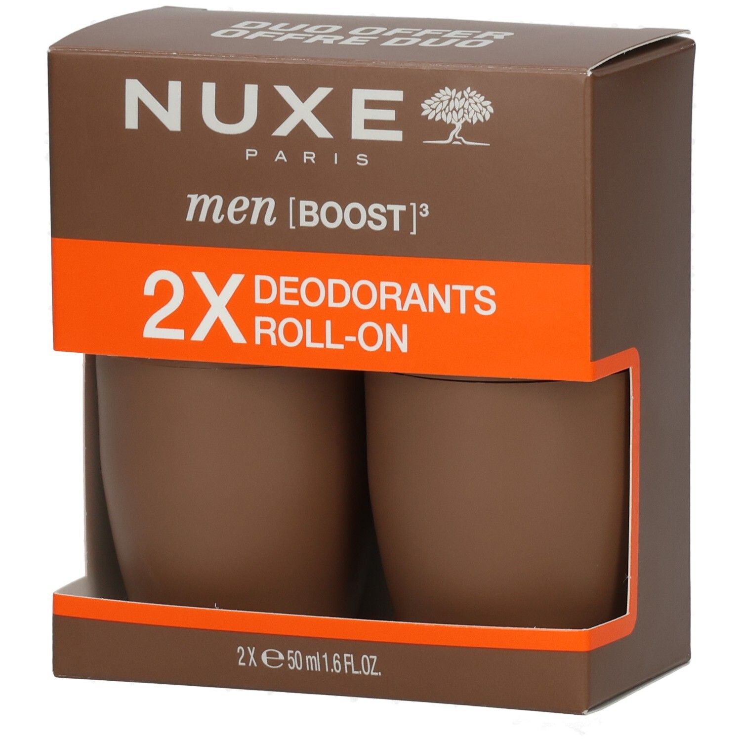 Braune Verpackung mit zwei Roll-On-Deodorants. Orangefarbener Streifen mit Text. NUXE-Logo oben.