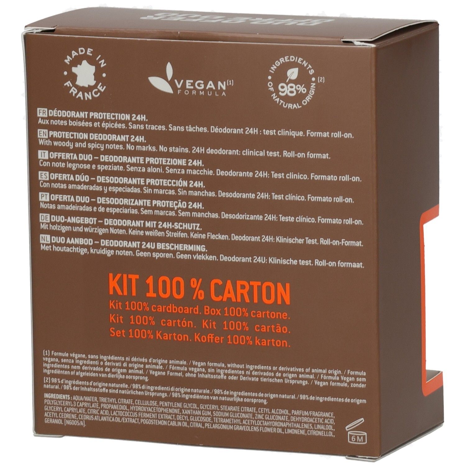 Rückseite der braunen Verpackung. Text in mehreren Sprachen. Vegan-Logo. 98% natürliche Inhaltsstoffe.