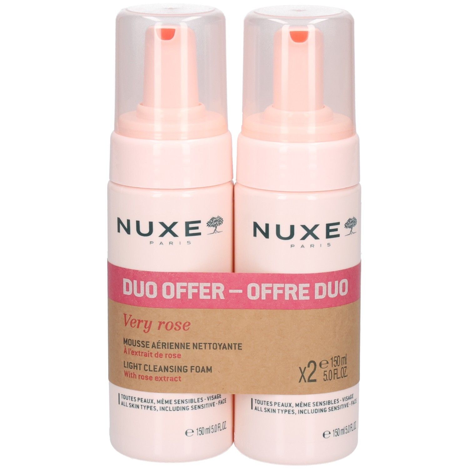 Zwei rosa Flaschen mit Sprühköpfen. Aufschrift: NUXE, Very rose, Duo Offer. Rosa Etikett mit Text. 2 x 150 ml.