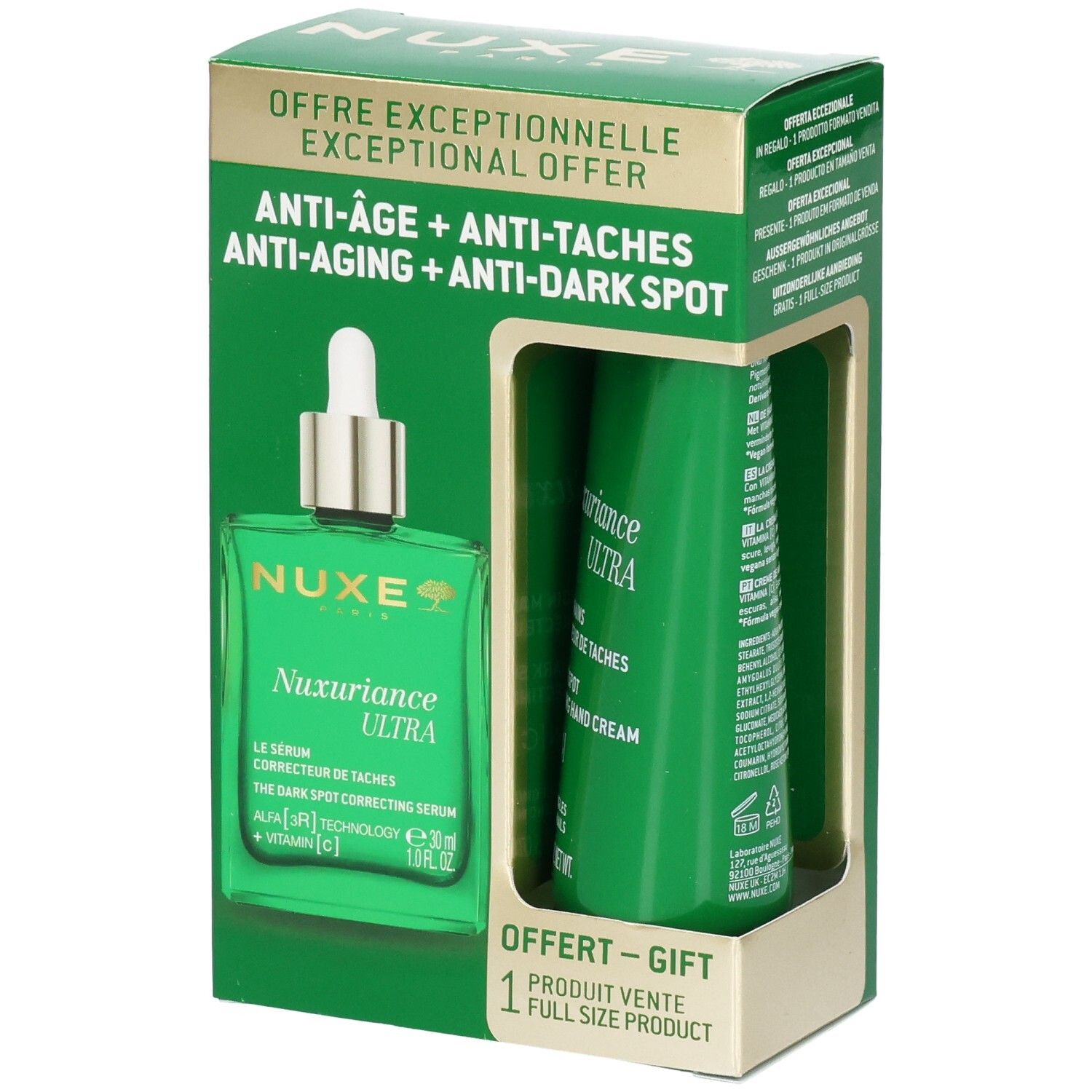 Grüne Geschenkbox mit Serum und Handcreme. Aufschrift: NUXE Nuxuriance Ultra. Anti-Aging, Anti-Flecken.
