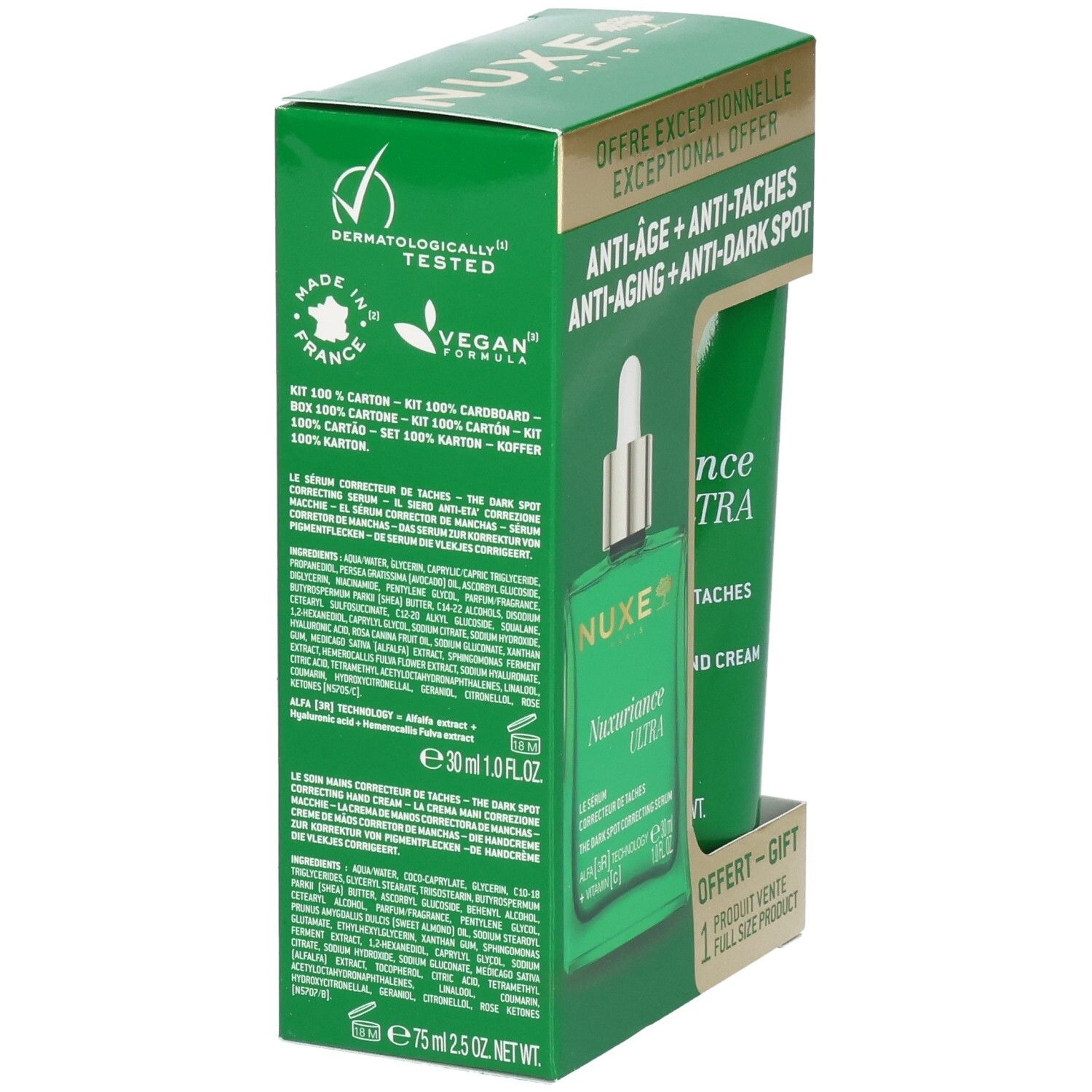 Rückseite der grünen Geschenkbox. Aufschrift: NUXE Nuxuriance Ultra. Dermatologisch getestet, Vegan.