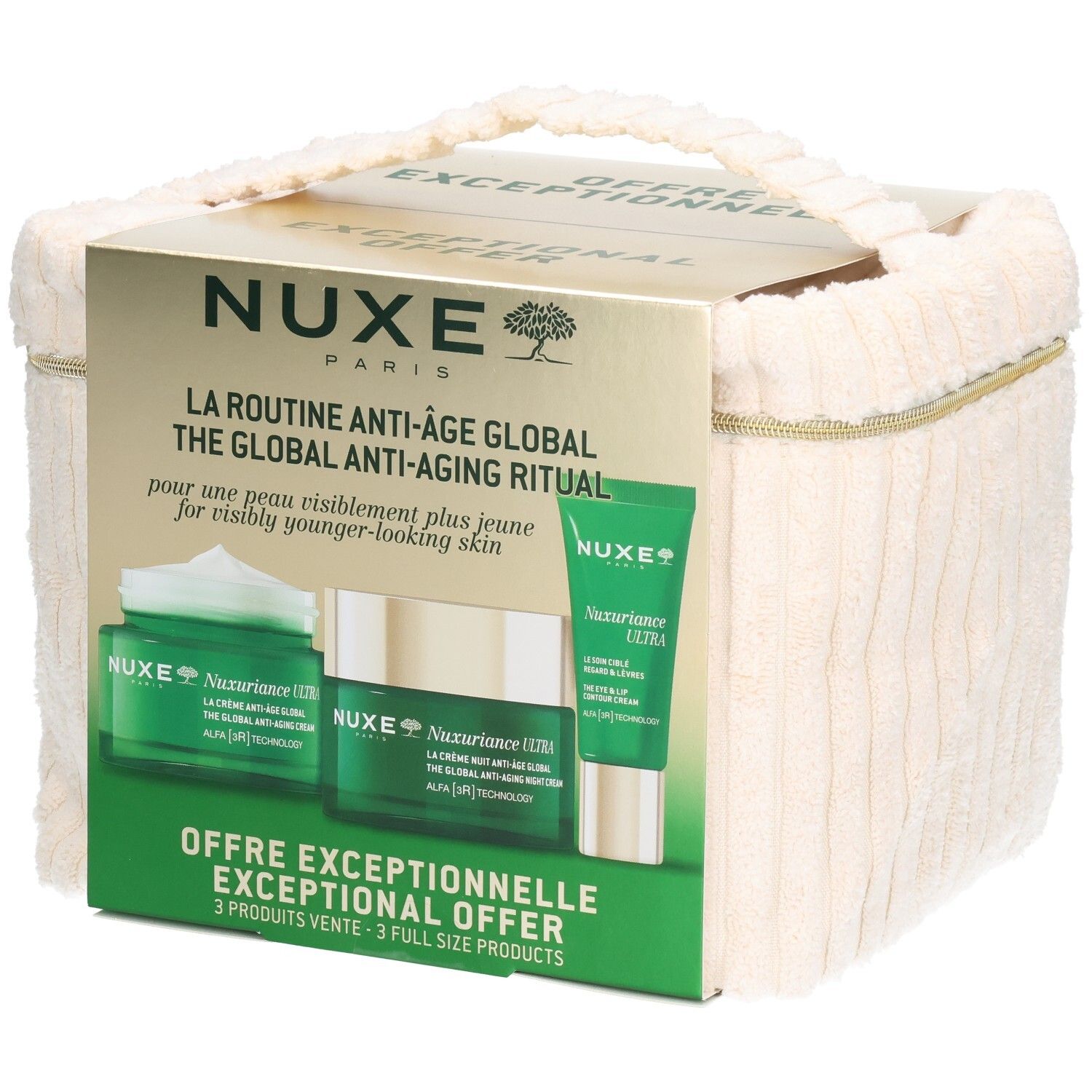 Geschenkset mit drei NUXE-Produkten. Grün-goldene Verpackung mit cremefarbenem Stoffbeutel. Text: NUXE, Anti-Aging-Ritual.