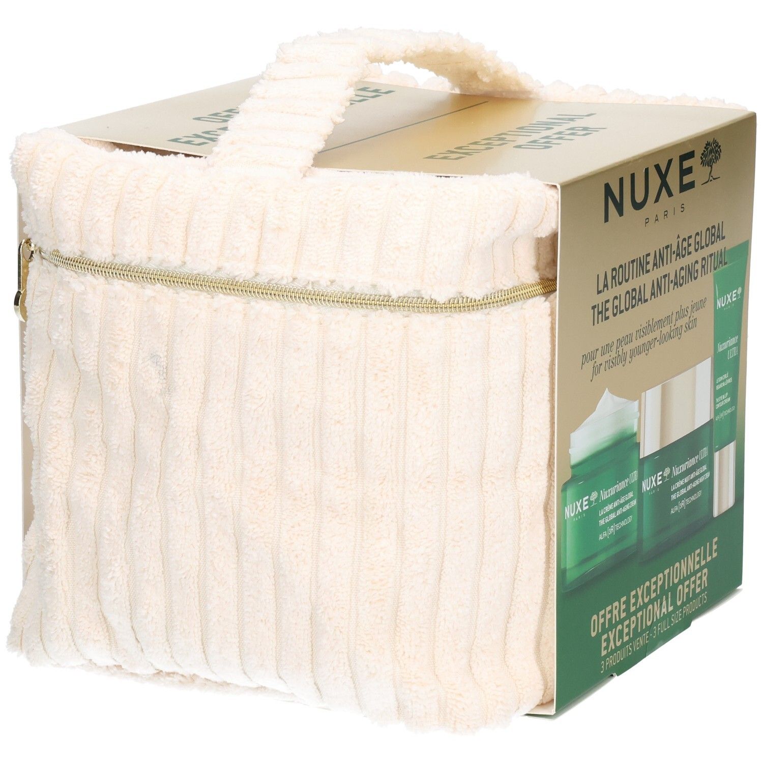 Geschenkset mit NUXE-Produkten in cremefarbenem Stoffbeutel. Goldener Reißverschluss. Text: NUXE, Anti-Aging-Ritual, Offre Exceptionnelle.