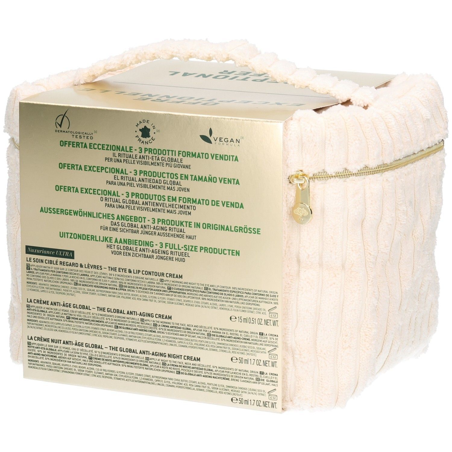 Rückseite des Geschenksets mit NUXE-Produkten. Text: NUXE, Anti-Aging-Ritual, 3 Produkte, vegan, Made in France. Inhaltsangaben.