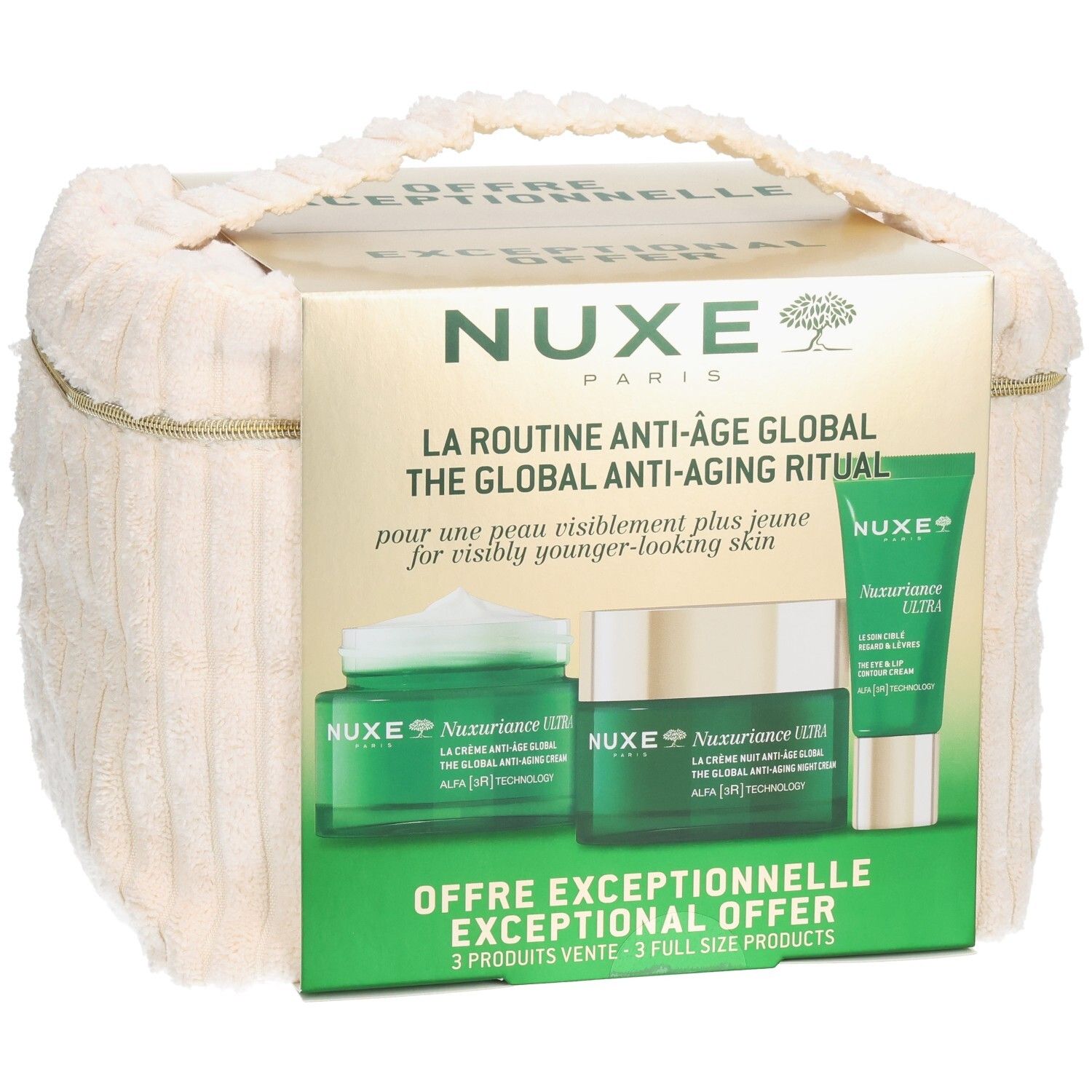 Geschenkset mit drei NUXE-Produkten. Grün-goldene Verpackung mit cremefarbenem Stoffbeutel. Text: NUXE, Anti-Aging-Ritual.
