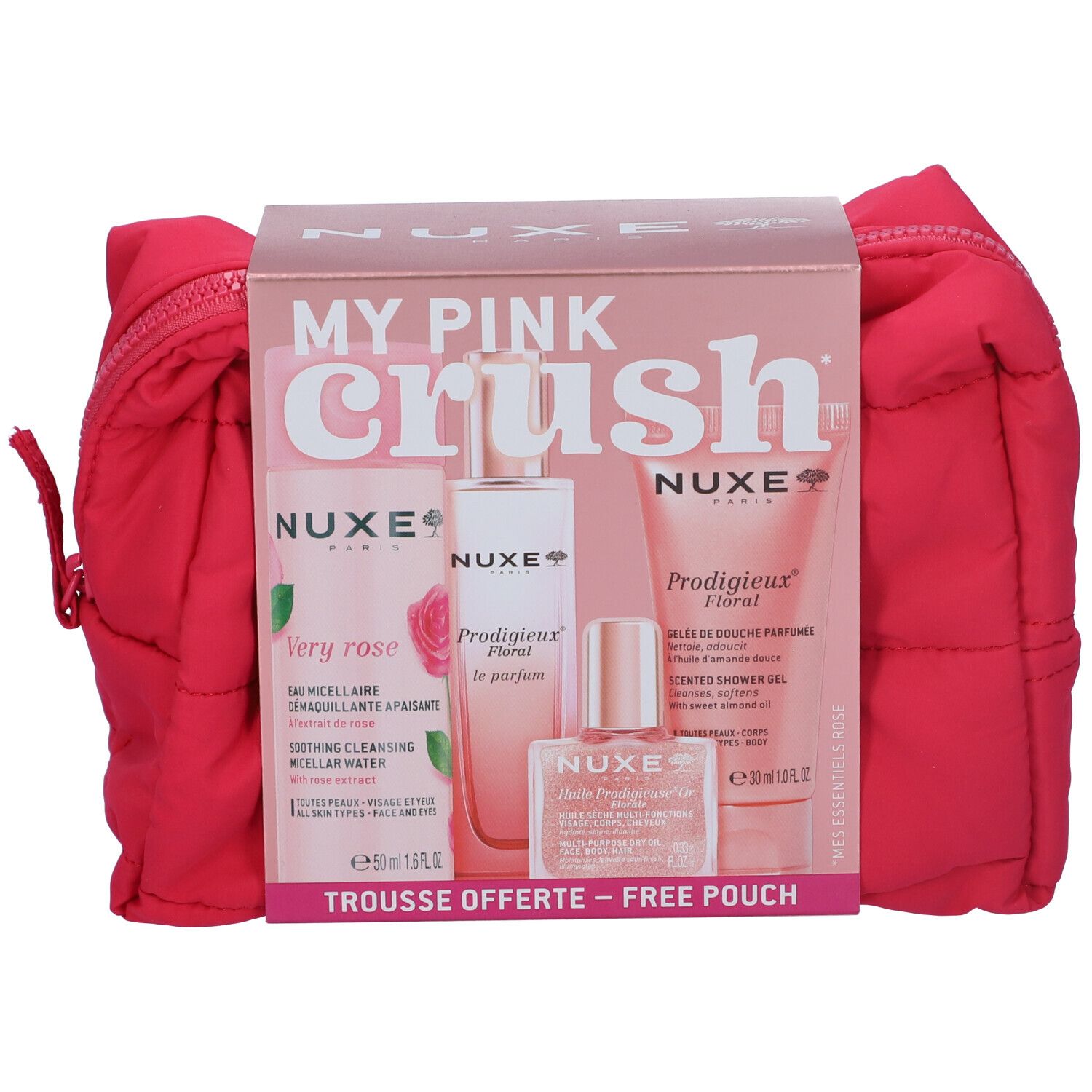 Pinkfarbenes Kosmetiktäschchen mit Produktverpackung. Auf der Verpackung: "My Pink Crush" und Produktnamen. Enthält mehrere Flaschen und Tuben.