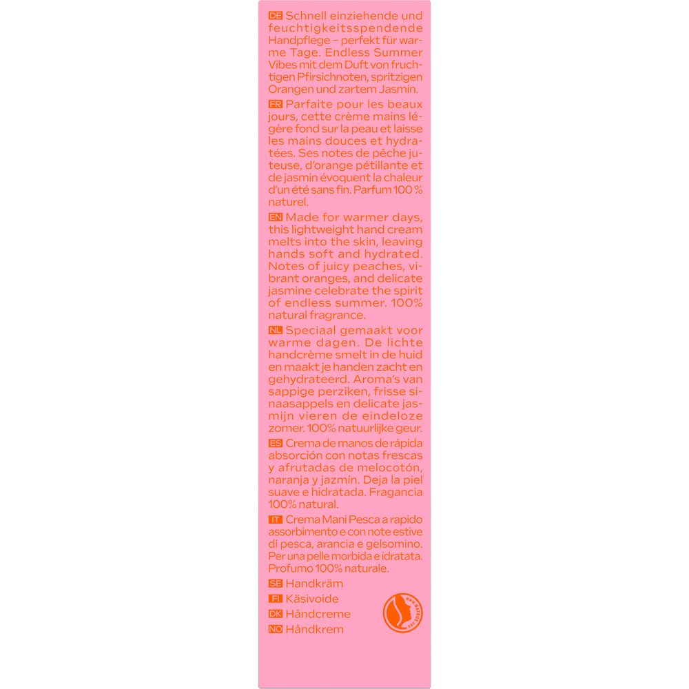 Rosa Schachtel mit Text in mehreren Sprachen. Enthält Informationen über die Handcreme, einschließlich Inhaltsstoffe und Duftnoten.