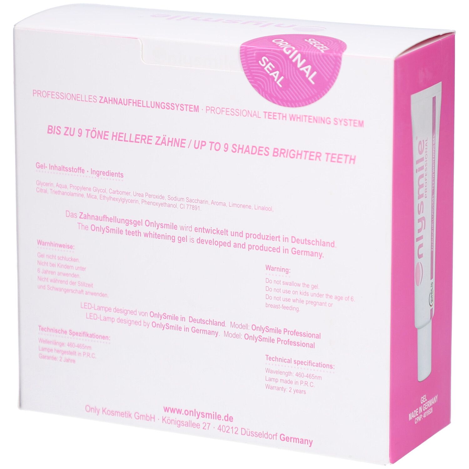 Rückseite der Box. Text: Professionelles Zahnaufhellungssystem. Original Siegel. Gel-Inhaltsstoffe und Warnhinweise.