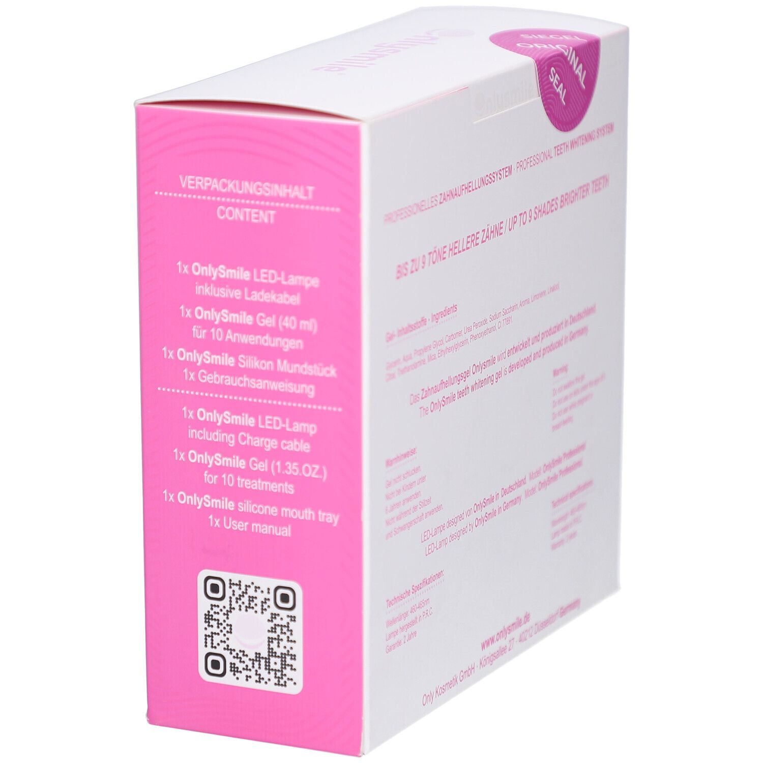 Box-Seite mit Inhaltsangabe: LED-Lampe, Gel, Mundstück, Ladekabel, Gebrauchsanweisung. QR-Code.