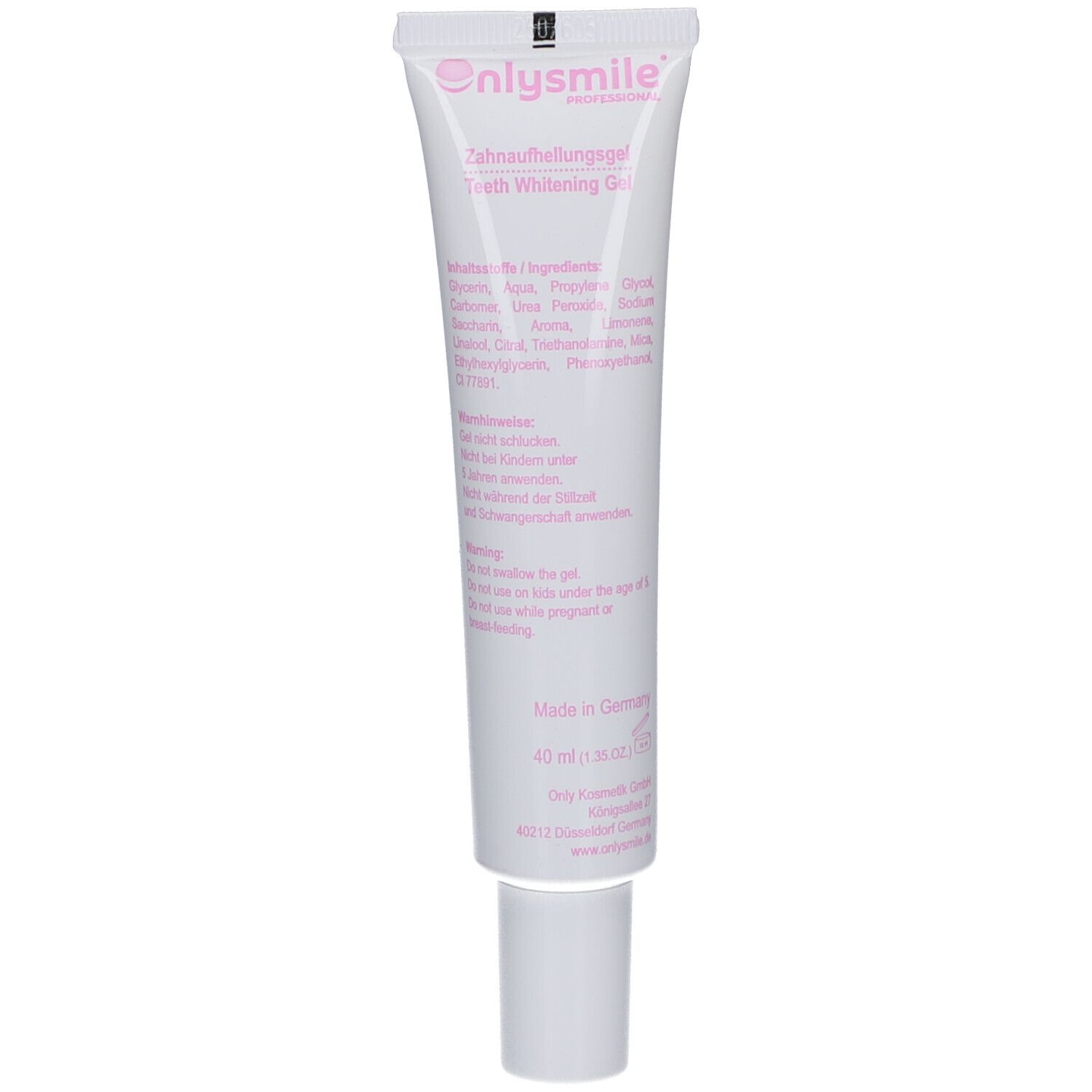 Rückseite der Tube. Inhaltsstoffe, Warnhinweise und Herstellerinformationen. Made in Germany.
