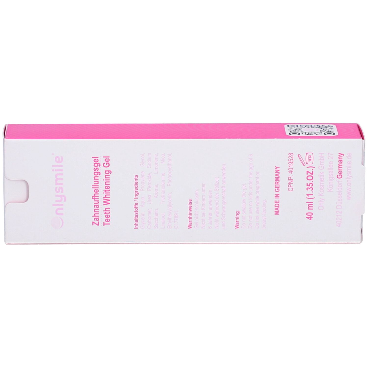 Oberseite der Schachtel. onlysmile, Zahnaufhellungsgel, 40 ml. Made in Germany. QR-Code.