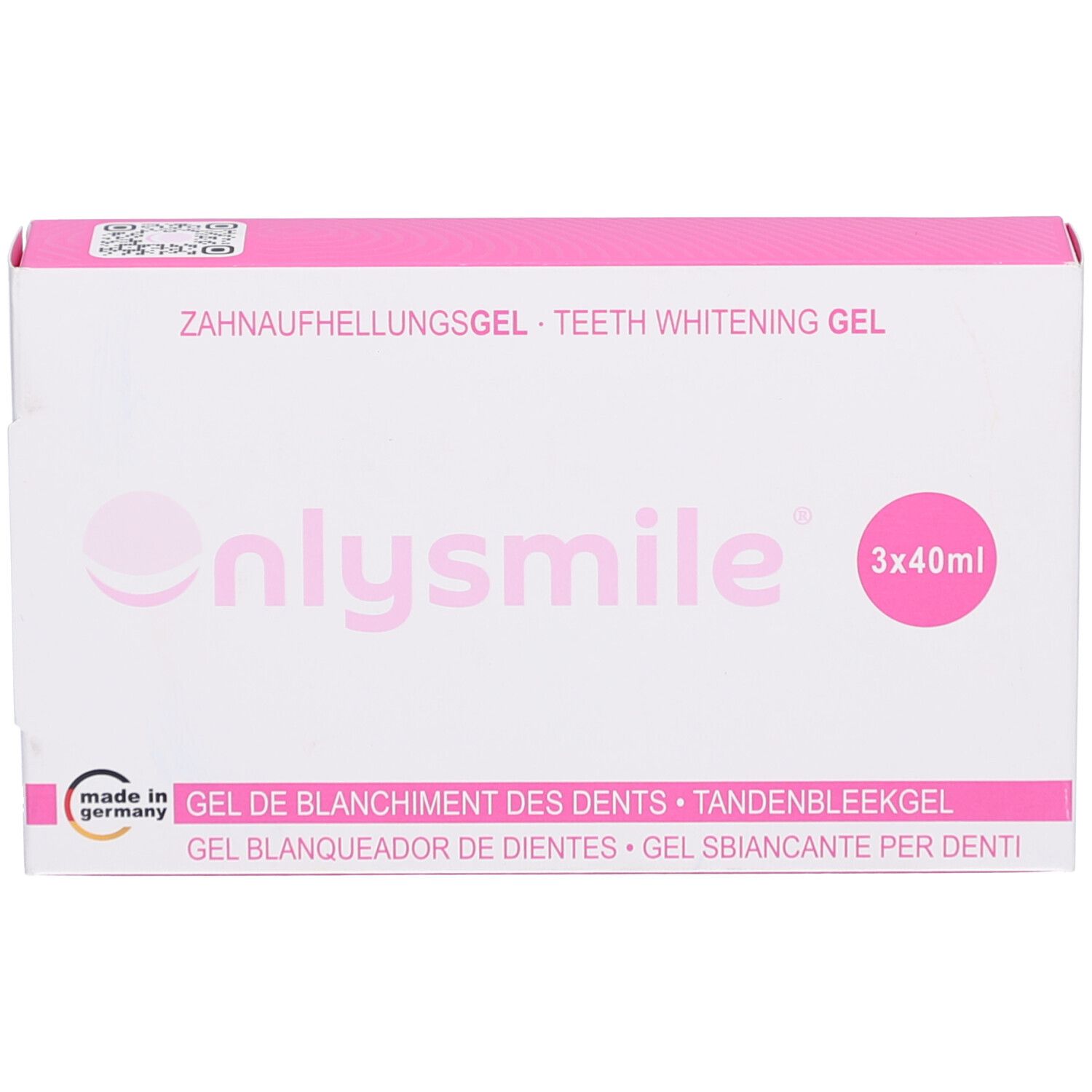 Weiße Verpackung mit rosa Akzenten. Aufschrift: ONLYSMILE Zahnaufhellungsgel. Enthält 3x40ml. Mit deutscher Qualitätsmarke.