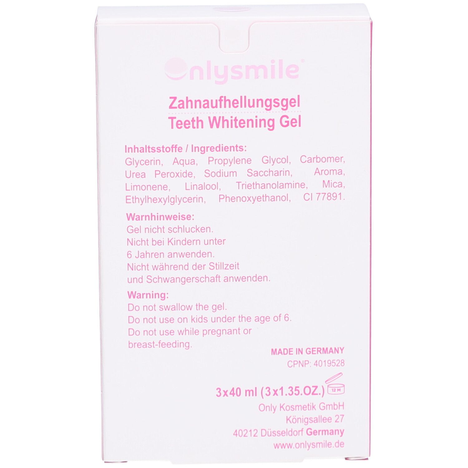 Rückseite der Verpackung. Aufschrift: ONLYSMILE Zahnaufhellungsgel. Inhaltsstoffe und Warnhinweise. 3x40 ml.