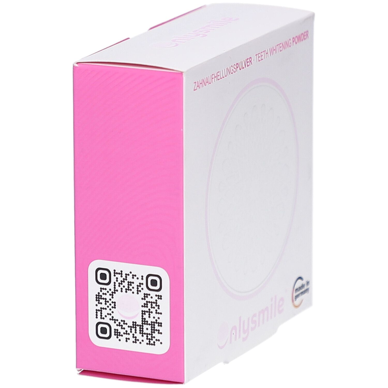 Kartonverpackung, weiß und rosa. QR-Code und Logo onlysmile. Aufschrift: Zahnaufhellungspulver.