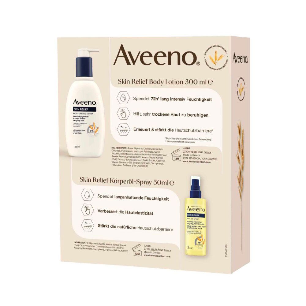 Rückseite der Aveeno Skin Relief Verpackung. Zeigt Bodylotion und Körperöl-Spray. Text mit Produktinformationen und Inhaltsstoffen.