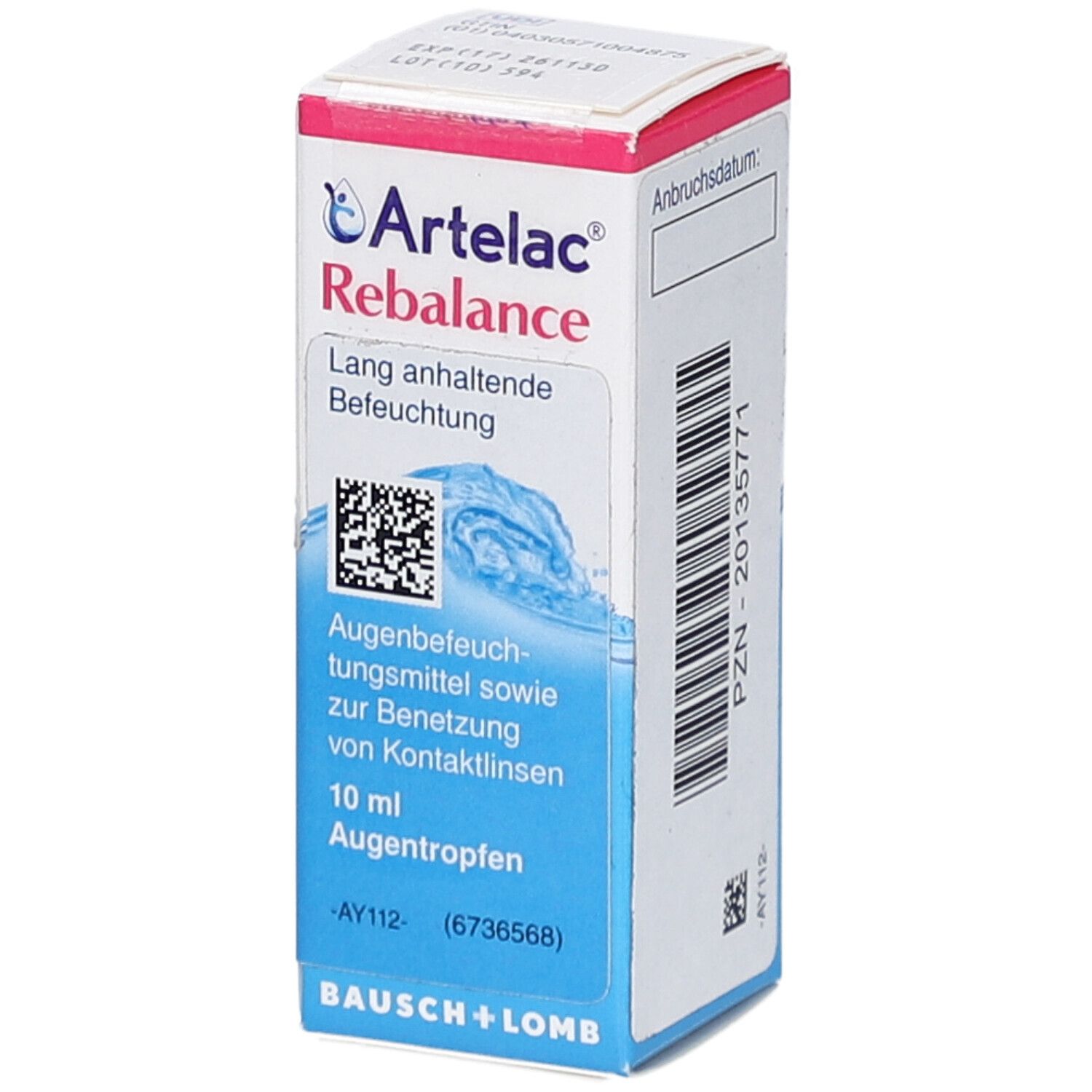 Artelac Rebalance Augentropfen-Verpackung. Weiß-blaue Schachtel mit Produktnamen, QR-Code und Bausch + Lomb Logo. 10 ml.