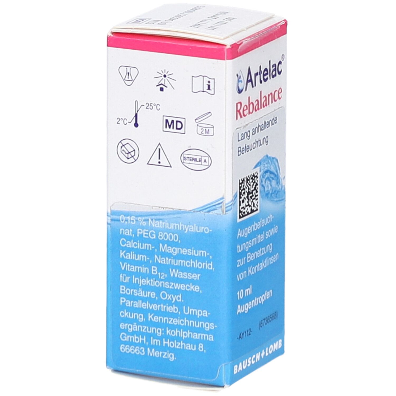 Artelac Rebalance-Verpackung. Enthält Inhaltsstoffe, Symbole und das Bausch + Lomb Logo. Weiße und blaue Schachtel.