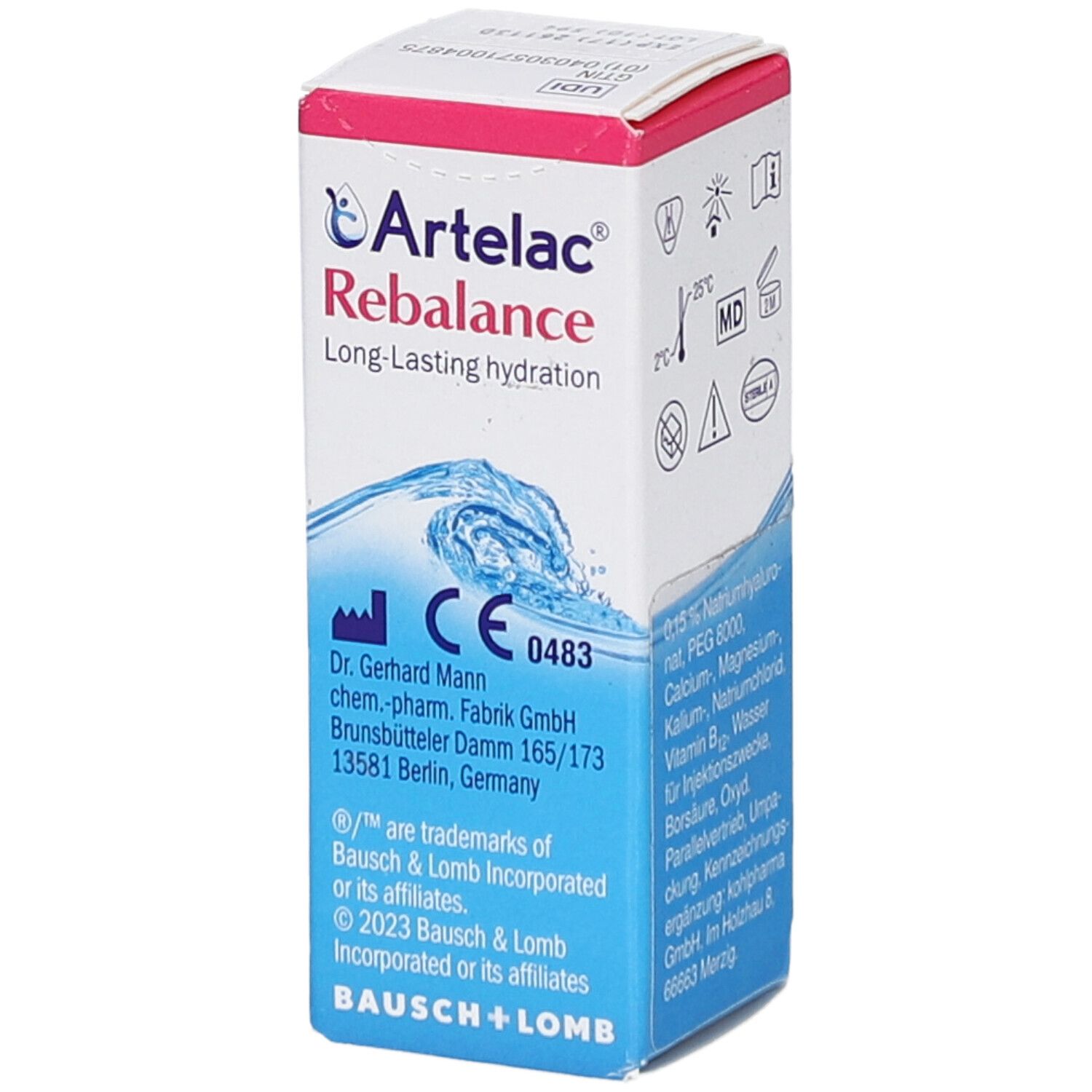 Artelac Rebalance-Verpackung. Enthält CE-Kennzeichnung und Bausch + Lomb Logo. Weiße und blaue Schachtel.