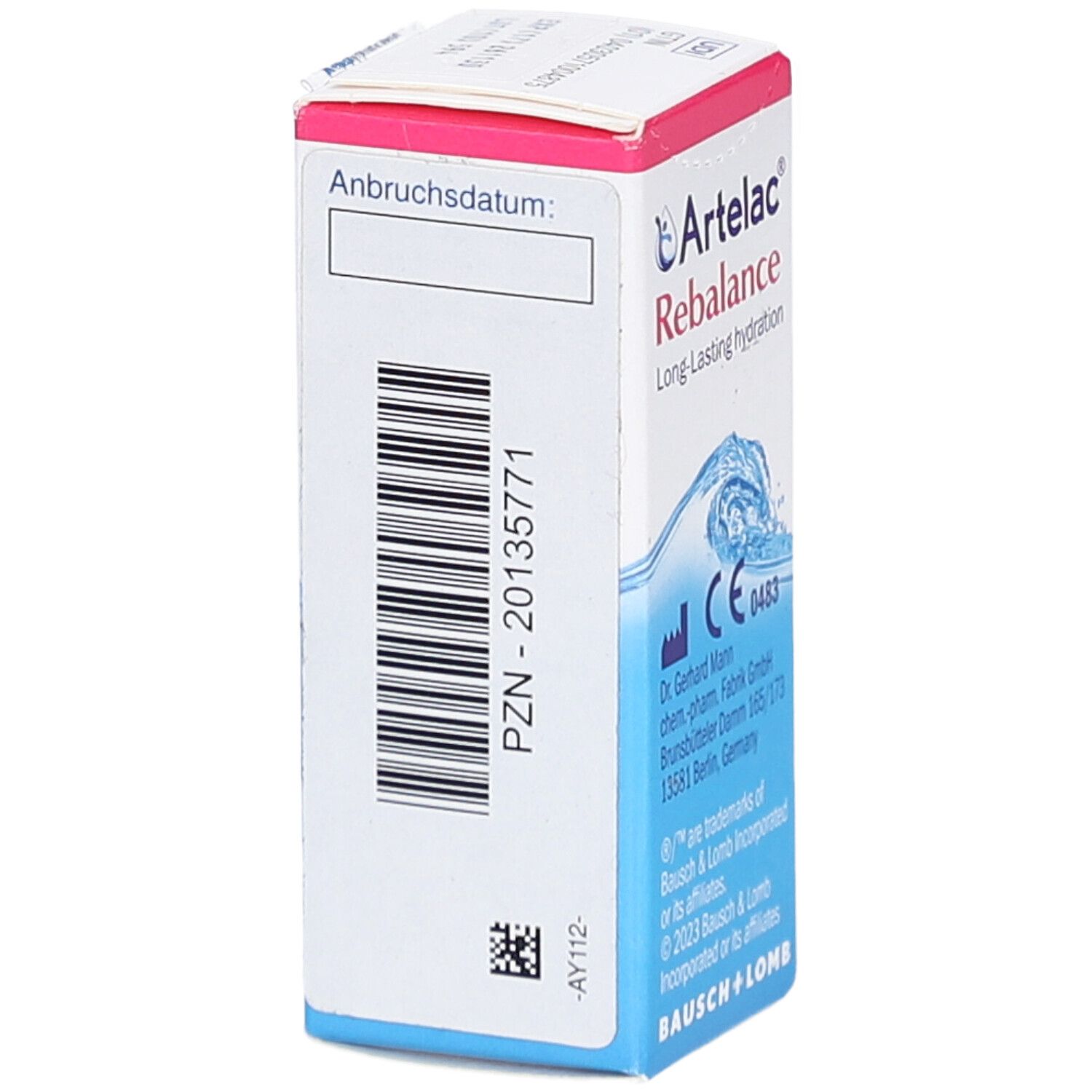 Artelac Rebalance-Verpackung. Rückseite mit PZN-Code und QR-Code. Weiße und blaue Schachtel.