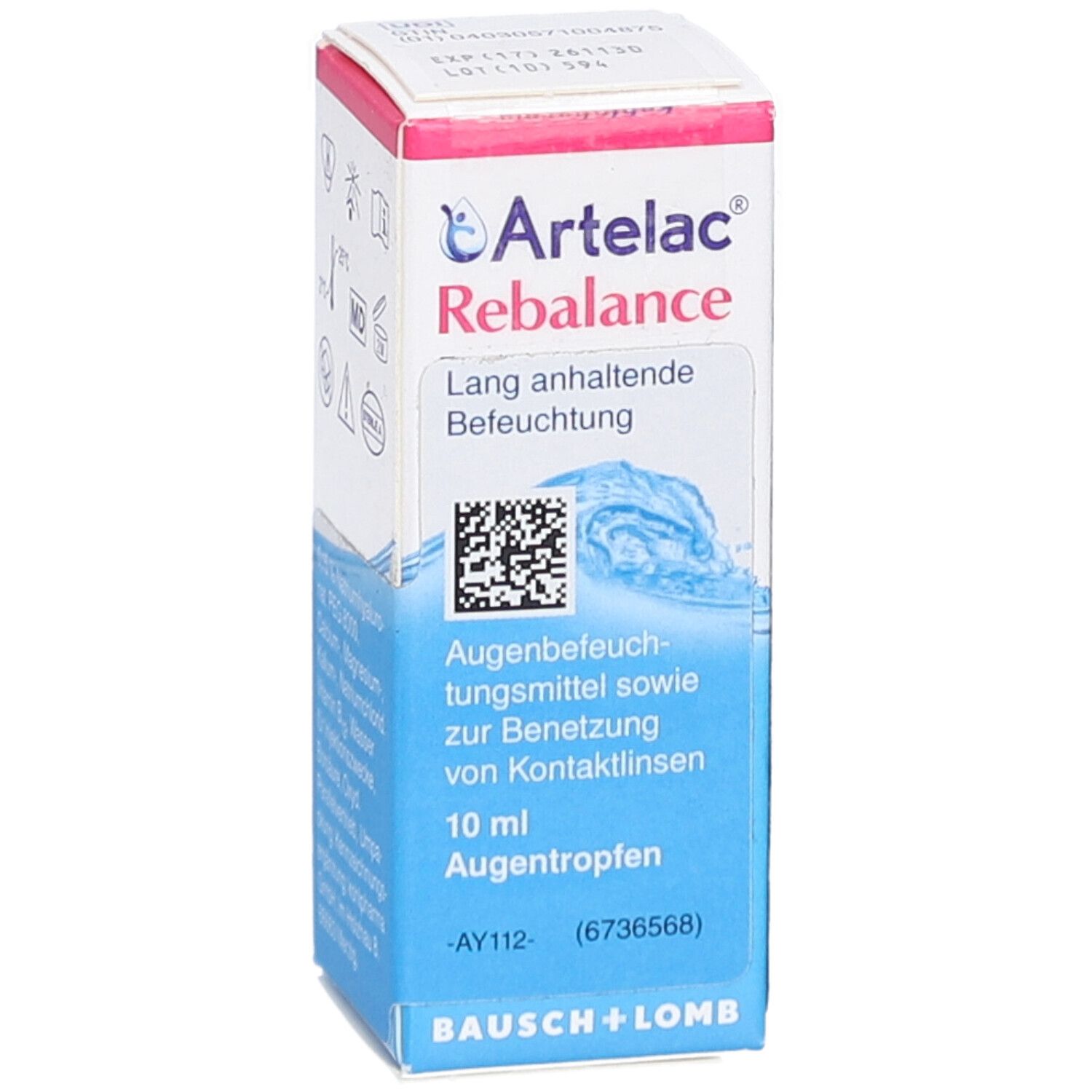 Artelac Rebalance Augentropfen-Verpackung. Weiße und blaue Schachtel mit Produktnamen, QR-Code und Bausch + Lomb Logo. 10 ml.