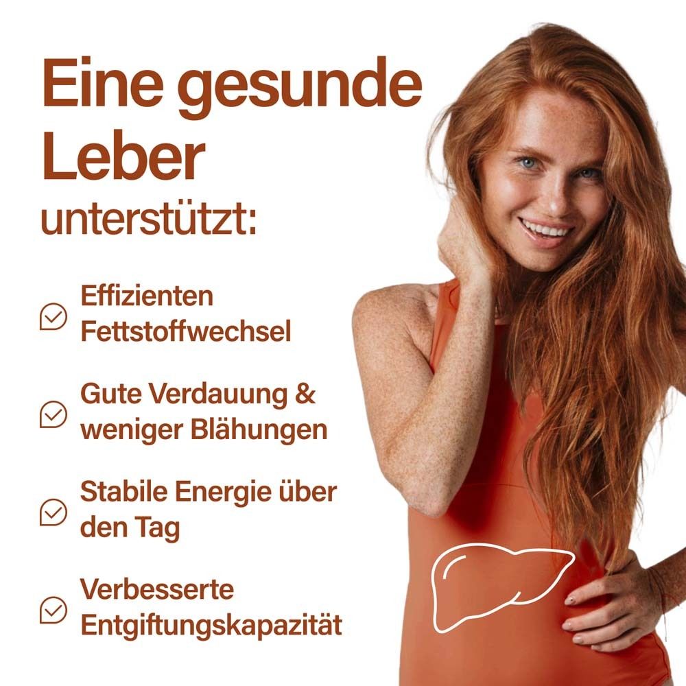 Frau lächelt. Text: Eine gesunde Leber unterstützt: Fettstoffwechsel, Verdauung, Energie, Entgiftung.