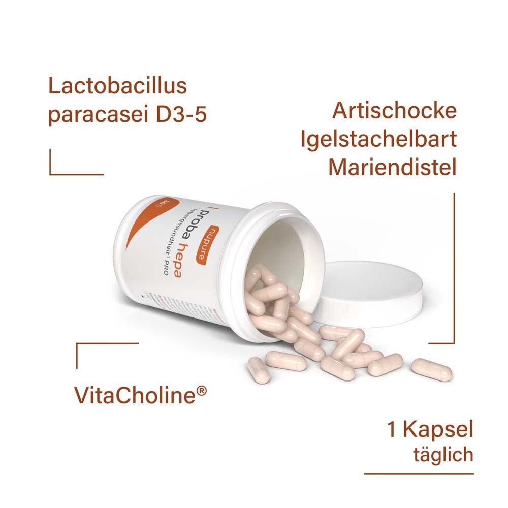 Kapseln und Dose. Text: Lactobacillus paracasei D3-5, Artischocke, Mariendistel, VitaCholine, 1 Kapsel täglich.