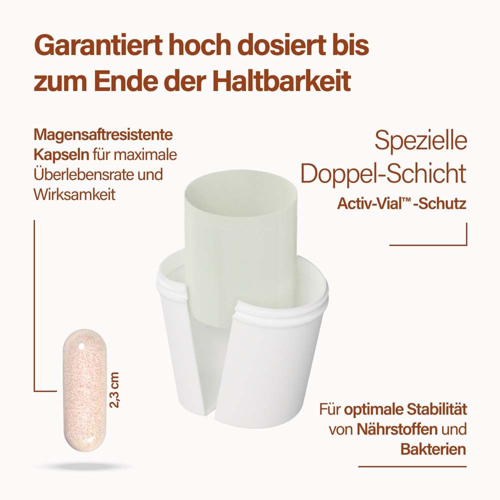 Kapsel und Dose. Text: Magensaftresistente Kapseln, Activ-Vial-Schutz, 2,3 cm. Für Stabilität.