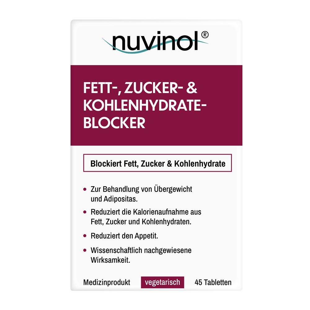Schachtel mit Tabletten. Aufschrift: nuvinol, Fett-, Zucker- & Kohlenhydrateblocker. 45 Tabletten. Vegetarisch.