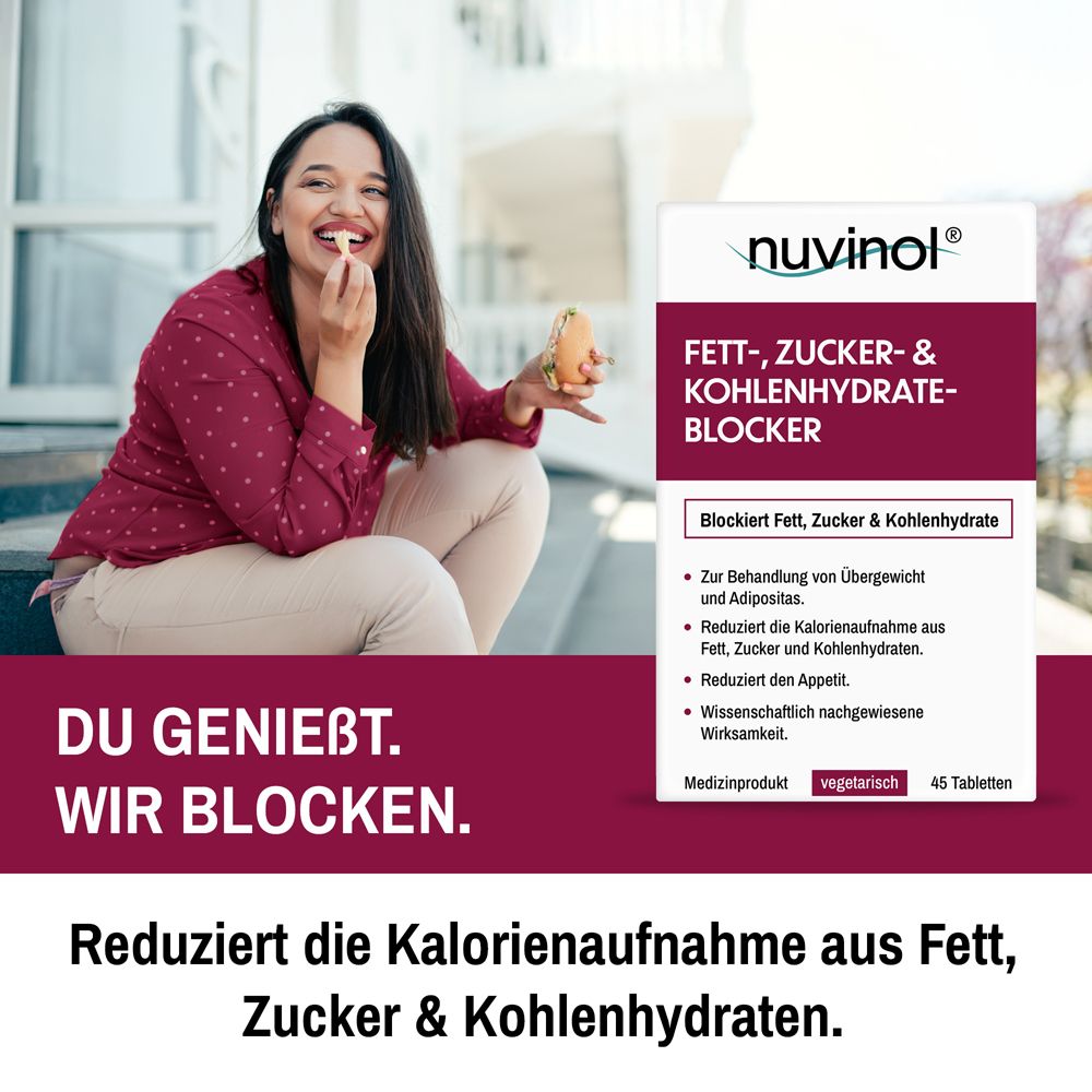 Frau sitzt und isst. Neben ihr eine Packung nuvinol Fett-, Zucker- & Kohlenhydrateblocker. Text: Reduziert die Kalorienaufnahme.