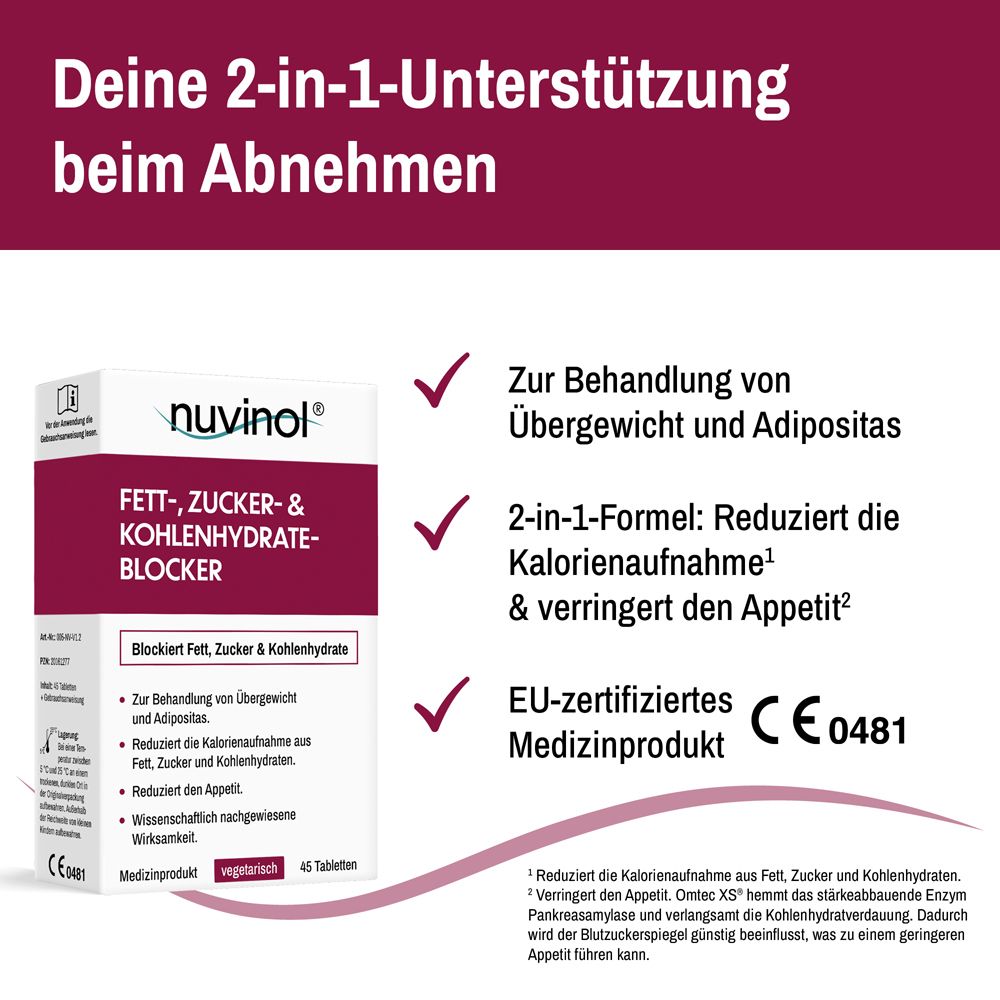 Packung nuvinol Fett-, Zucker- & Kohlenhydrateblocker. Text: 2-in-1-Formel. EU-zertifiziertes Medizinprodukt. CE 0481.