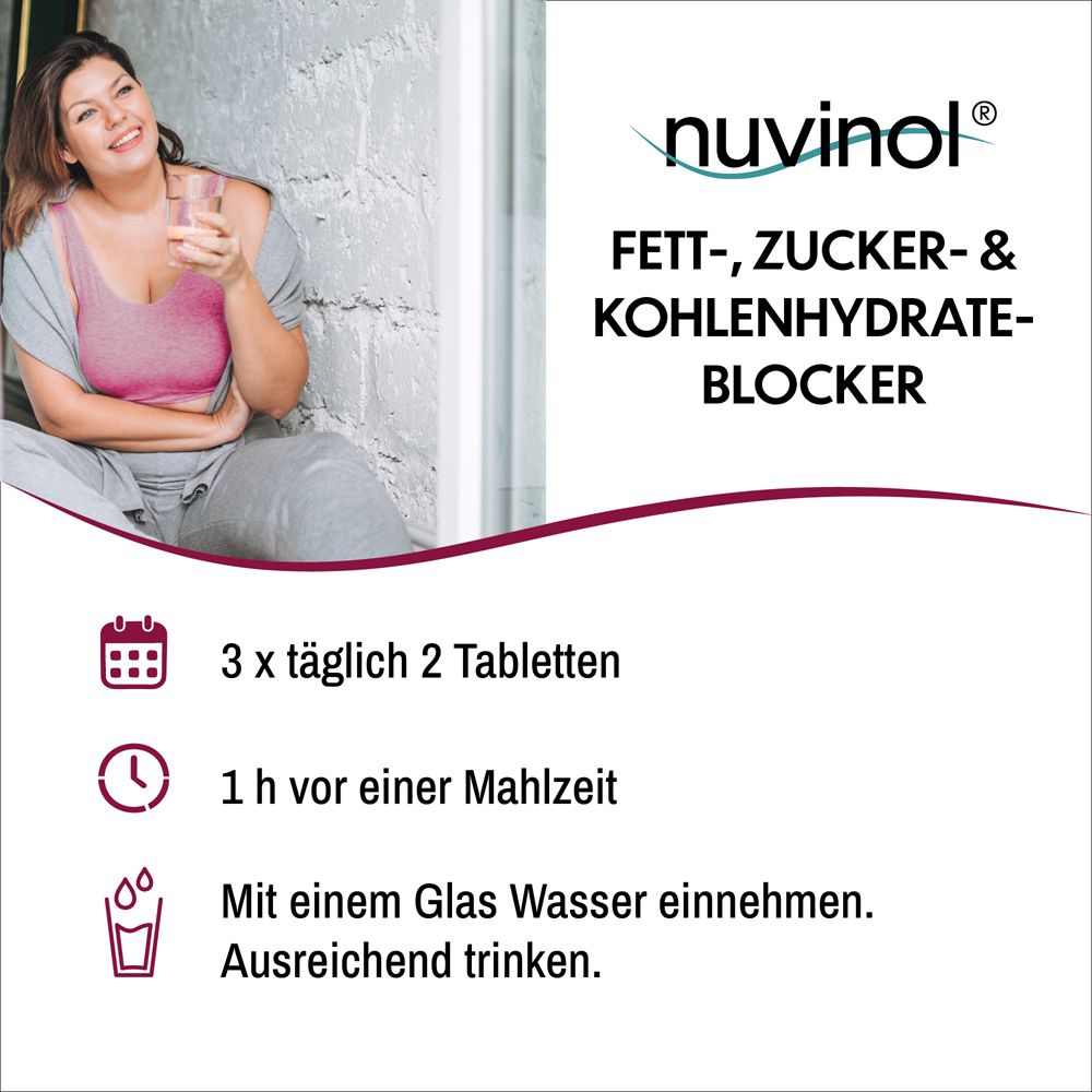 Frau mit Glas Wasser. Text: nuvinol, Fett-, Zucker- & Kohlenhydrateblocker. 3x täglich 2 Tabletten. 1h vor Mahlzeit. Mit Wasser einnehmen.