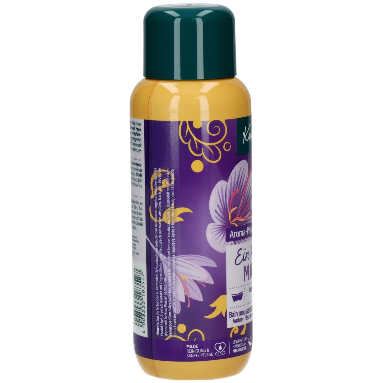 Rückseite der gelben Flasche. Text: Kneipp Aroma-Pflegeschaumbad Ein Hauch Magie. Inhaltsstoffe, QR-Code, Vegan-Siegel, 400 ml.