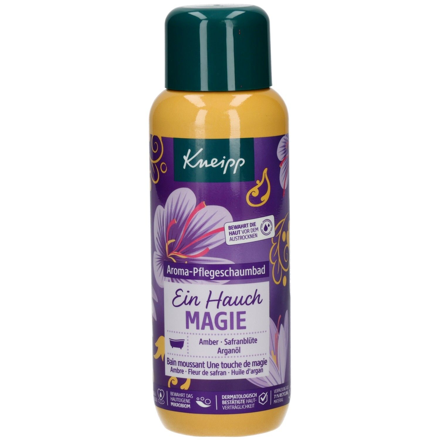 Gelbe Flasche mit grünem Deckel. Aufschrift: Kneipp Aroma-Pflegeschaumbad Ein Hauch Magie. Enthält Amber, Safranblüte, Arganöl.