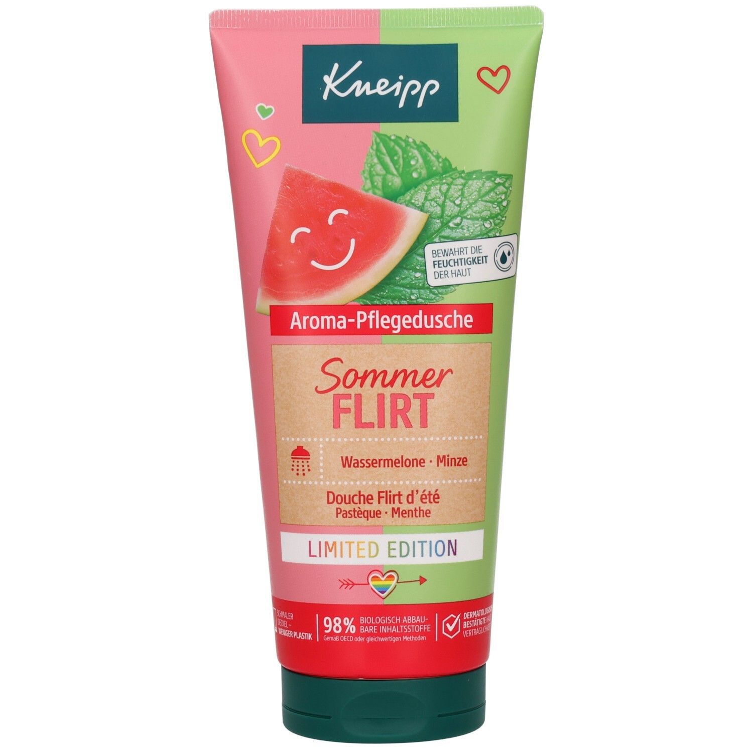 Kneipp Aroma-Pflegedusche Sommerflirt. Tube mit Wassermelone-Minze-Motiv. Limited Edition. Grün-rosa Farbverlauf. Herz- und Blatt-Illustrationen.