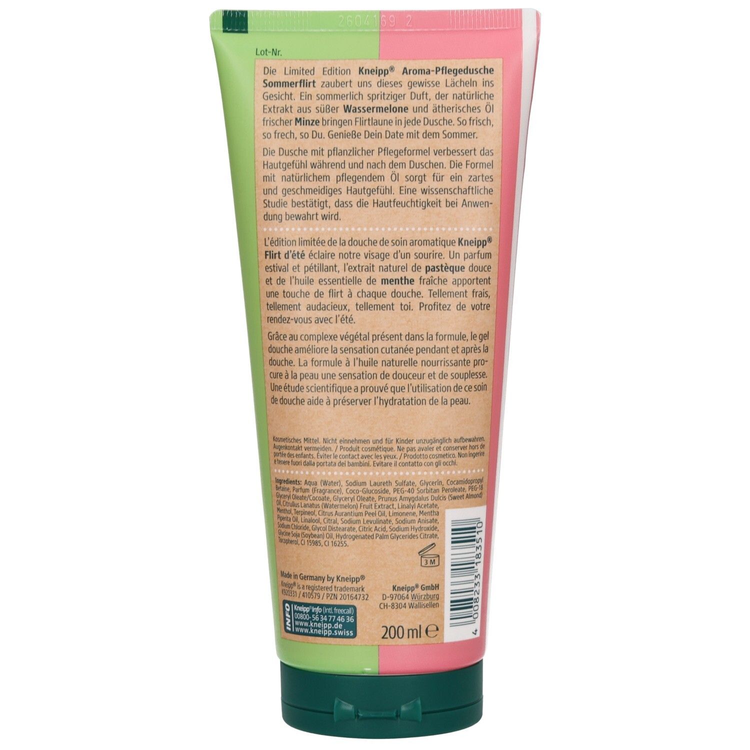 Rückseite der Kneipp Aroma-Pflegedusche Sommerflirt Tube. Text in Deutsch und Französisch. Grün-rosa Farbverlauf. 200 ml Volumen.