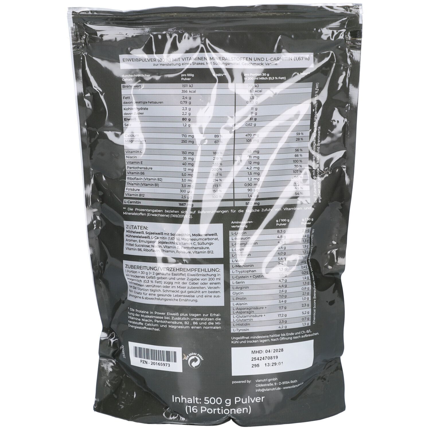 Rückseite des Beutels. Nährwertangaben und Zutatenliste. "POWER EIWEISS plus"-Pulver. 500 g Inhalt. 16 Portionen.