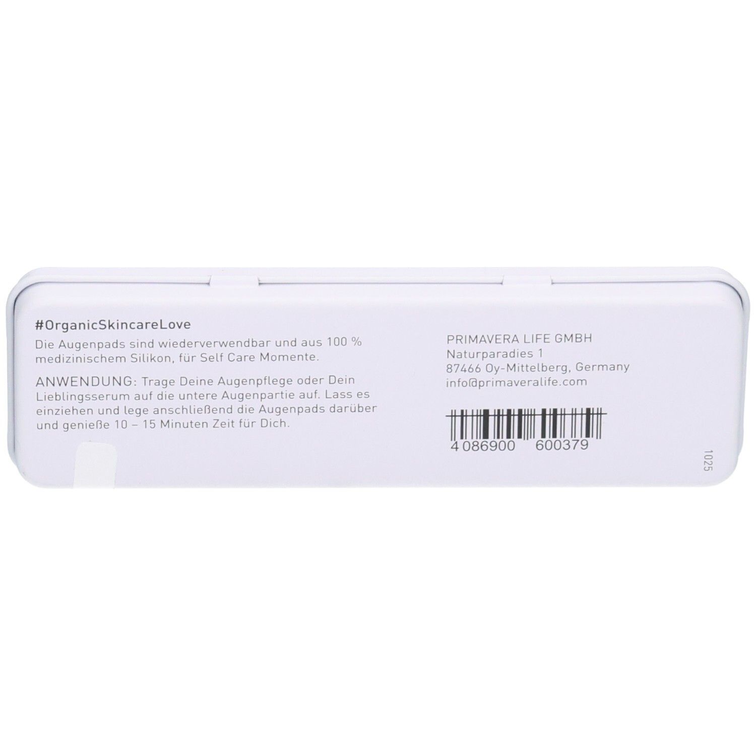 Weiße Metalldose mit Produktinformationen und Herstellerdetails. Enthält Text über Anwendung und Inhaltsstoffe.