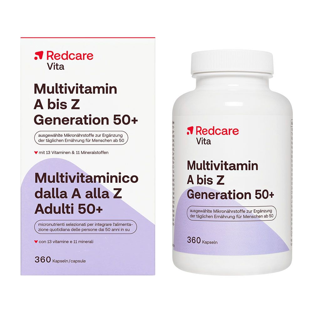 Redcare Vita Multivitamin A bis Z Generation 50+ Verpackung und Dose mit 360 Kapseln.